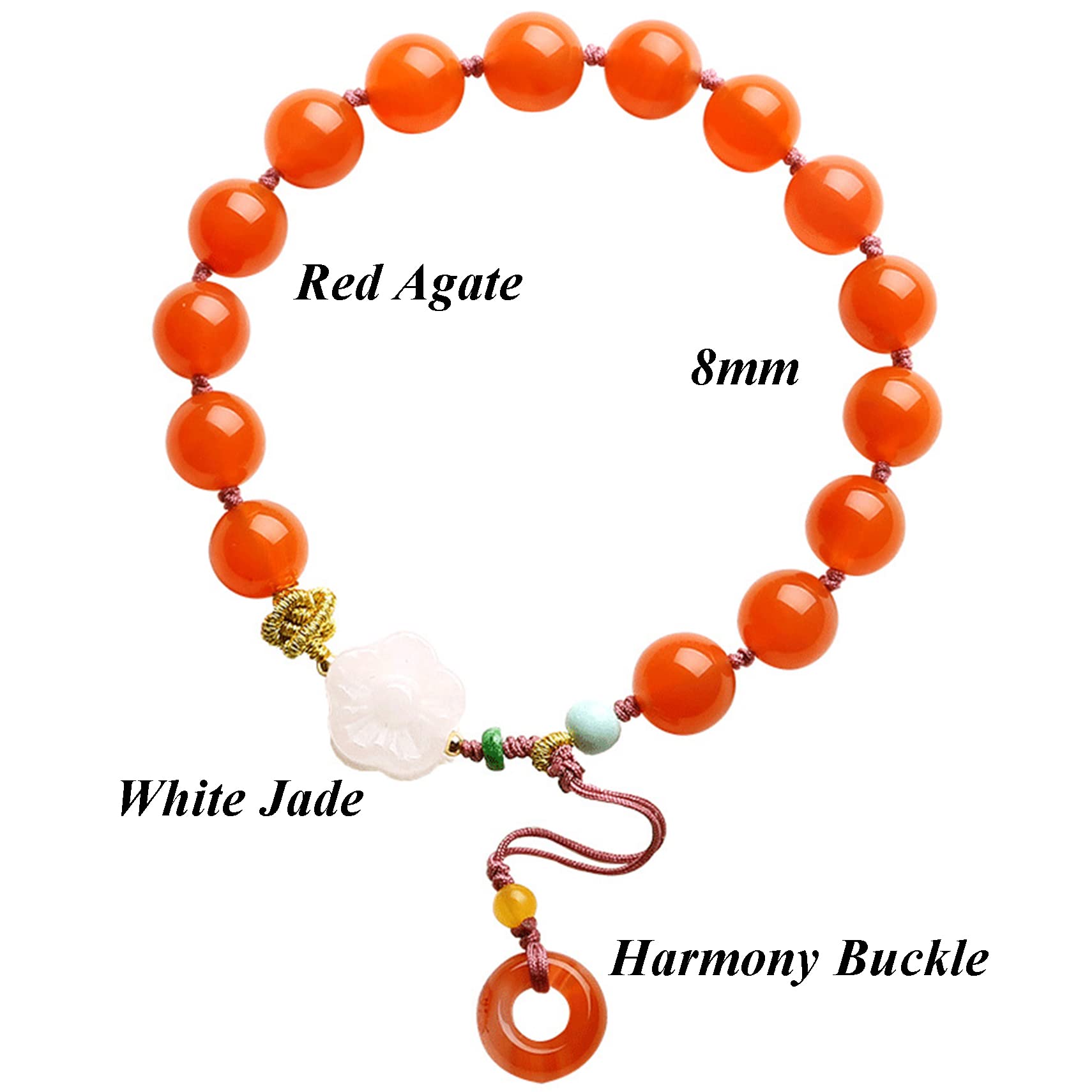 Natural Edelsteinarmband, Wohlstandsarmband Rot -Achat -Armband 8 -mm -Kristallarmband für Frauen Harmonie Schnalle/Kreis Anhänger Kristall Chakra Meditation