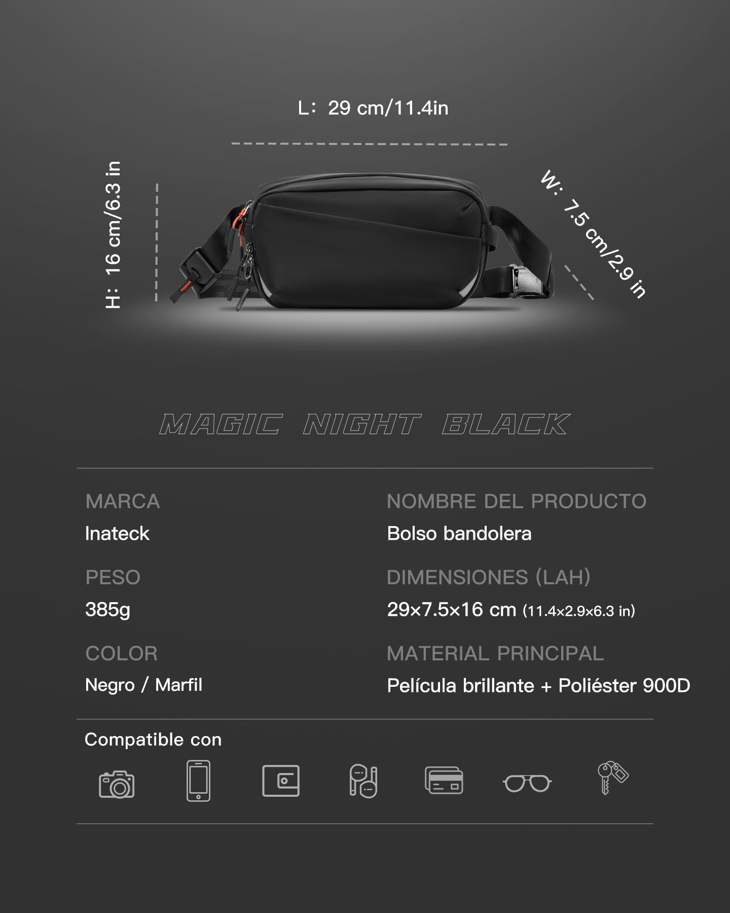 Inateck Sling Bag X-Pro, Bolso de hombro y cruzado expandible y multifuncional para electrónicos con 16 Compartimentos y Bolsillo con Bloqueo RFID, Ideal para Viajes, Desplazamientos, Deporte y Ocio