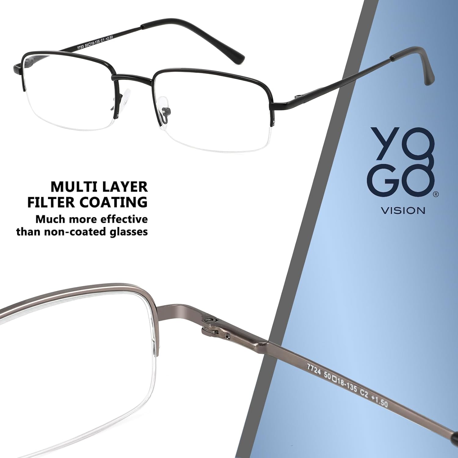 Yogo Vision Lentes de lectura para hombres y mujeres, lentes ligeros de ajuste estándar, estilo rectangular, filtro antirreflejo, 5 pares