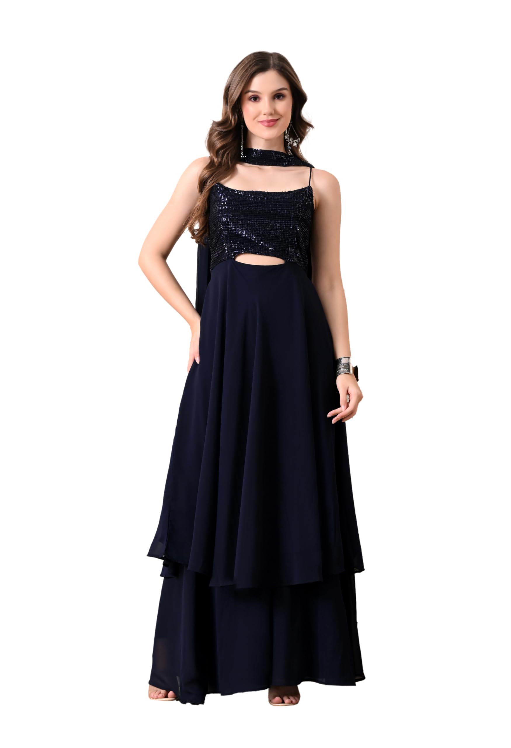 v&m Women's Navy Blue Sequined Layered Dress with Palazzo and Dupatta Co-ord Set-picture-12