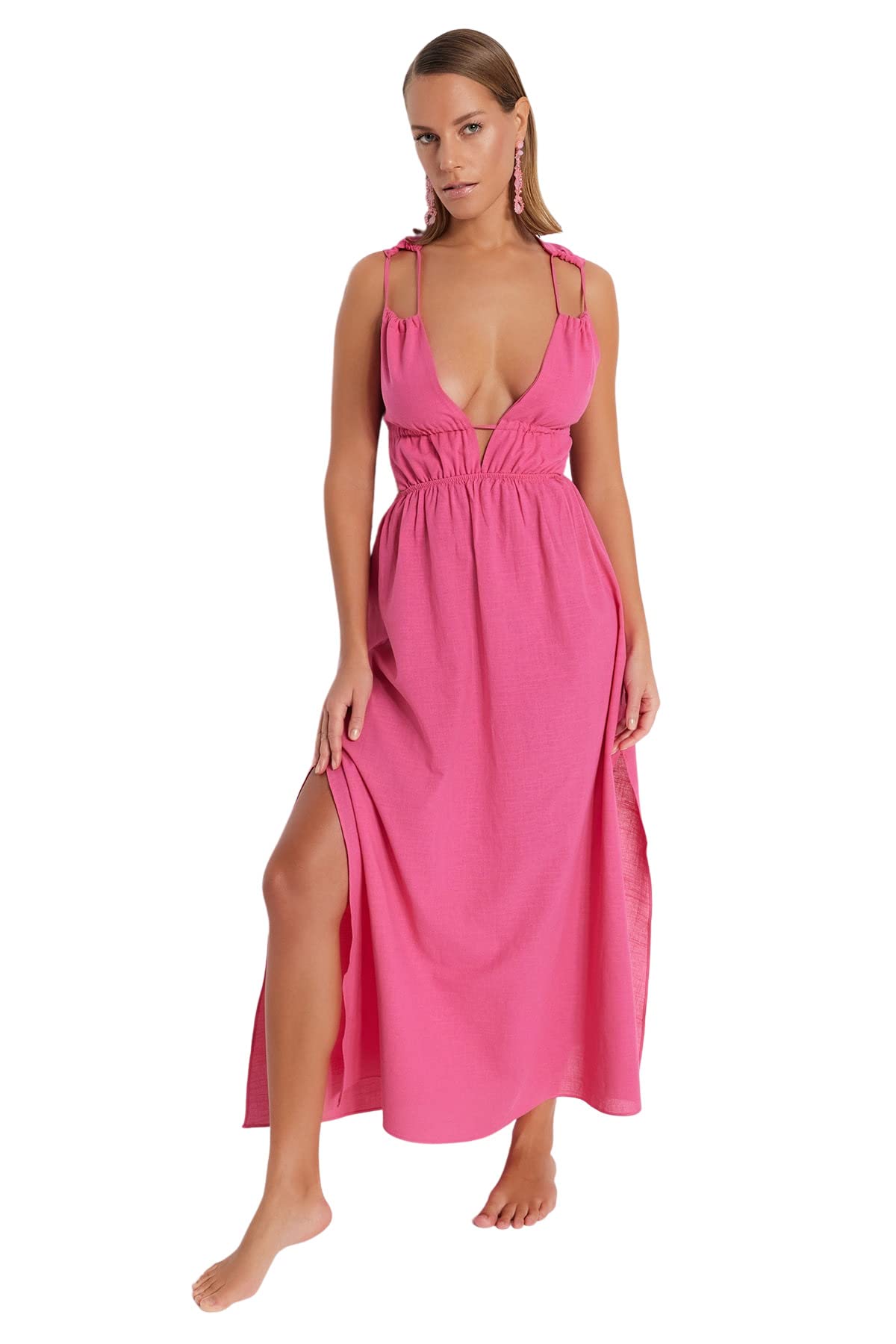 TRENDYOL Damen Women Smock Dress Regular fit Woven Dress Damen Smock Kleid Regular Fit Webkleid, Fuchsia,