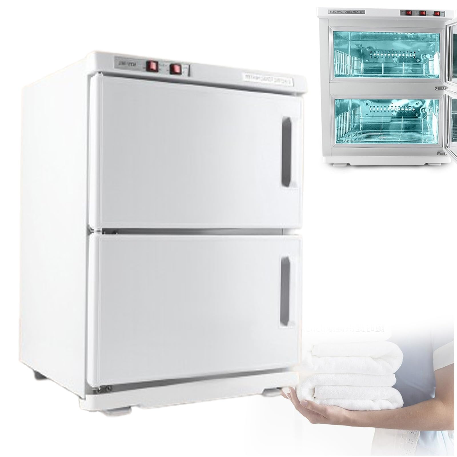 SICWEDIM Large Double Door Hot Heat Towel Warmer, 50L Towel Warmer, with 2 Stainless Steel Trays, Removable Drip Tray, for Spa Facials Barber Salon Home Use