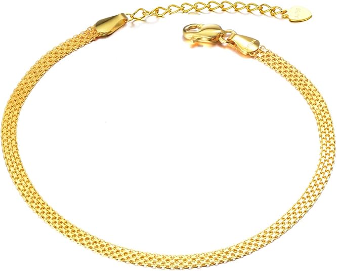 SISGEM Real 18k Gold Mesh-Link Chain Anklet for Ladies, Women Jewelry Ankle Bracelets Gifts for Her, 2.9 mm 9-10.5 Inches