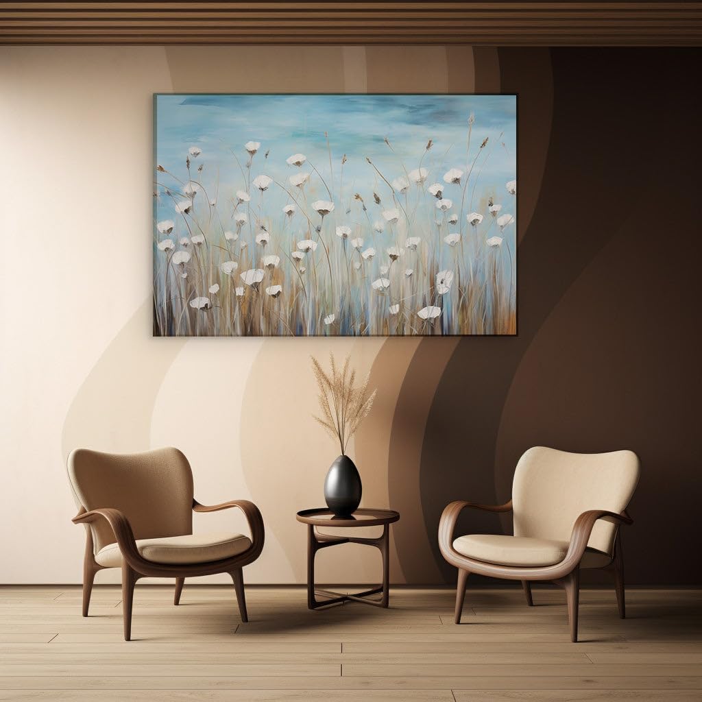 Canvas for Living room. Field of Serenity: An Abstract Impression of White Blossoms and Blue Skies, 27 x 18 inch Canvas Wall Art - Contemporary Masterpieces - Modern Home Decor - 69x46 cm (27x18 inch)