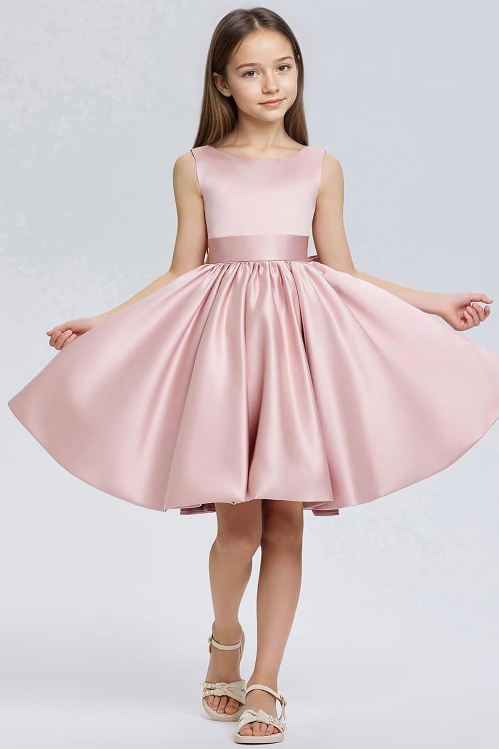 Satin Flower Girl Dresses Short,A Line Junior Bridesmaid Dress Ruffle Crewneck Girls Party Gowns with Bow