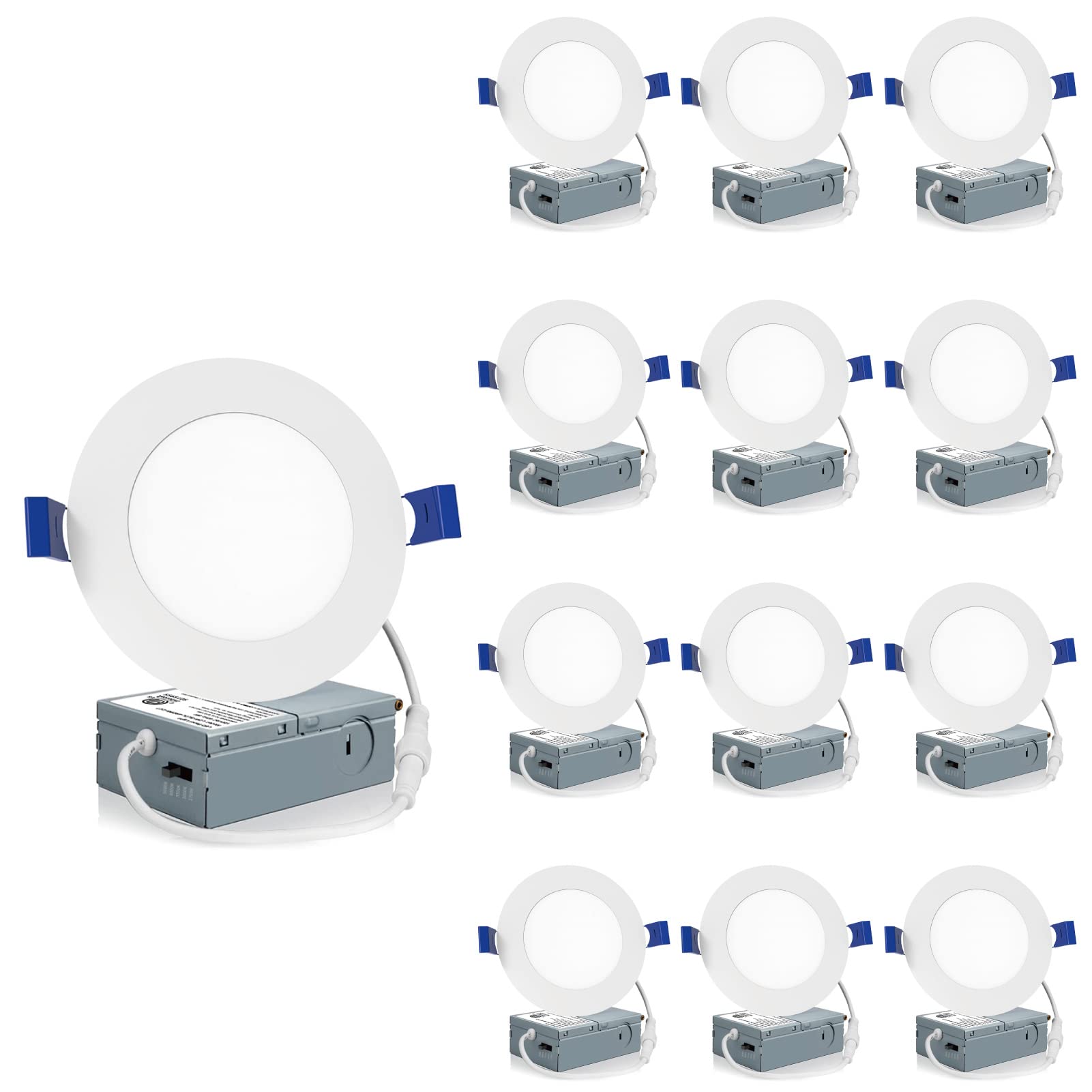 Meconard 12 Pack 4 Inch LED Recessed Ceiling Light with Junction Box, 2700K/3000K/3500K/4000K/5000K Selectable, 9W=75W 750LM, Dimmable Canless Downlights, ETL and Energy Star Listed