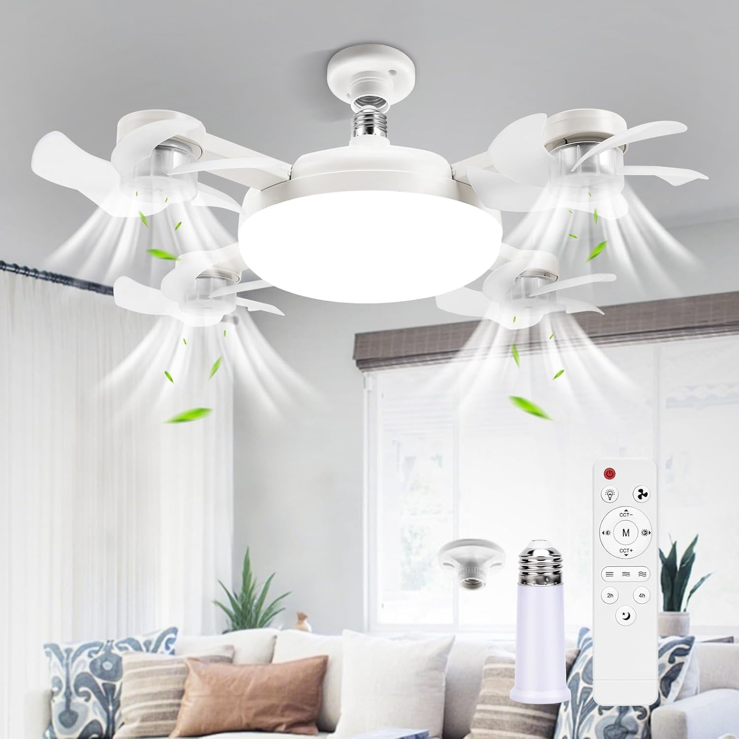 E27 Drone Ceiling Fan with Light, Screw in Light Bulb Fan with Remote and Adapter, Dimmable LED Fan Light, 3 Speeds, 3 Color Temperatures, Quiet Timer Socket Fan for Bedroom Kitchen Home, White