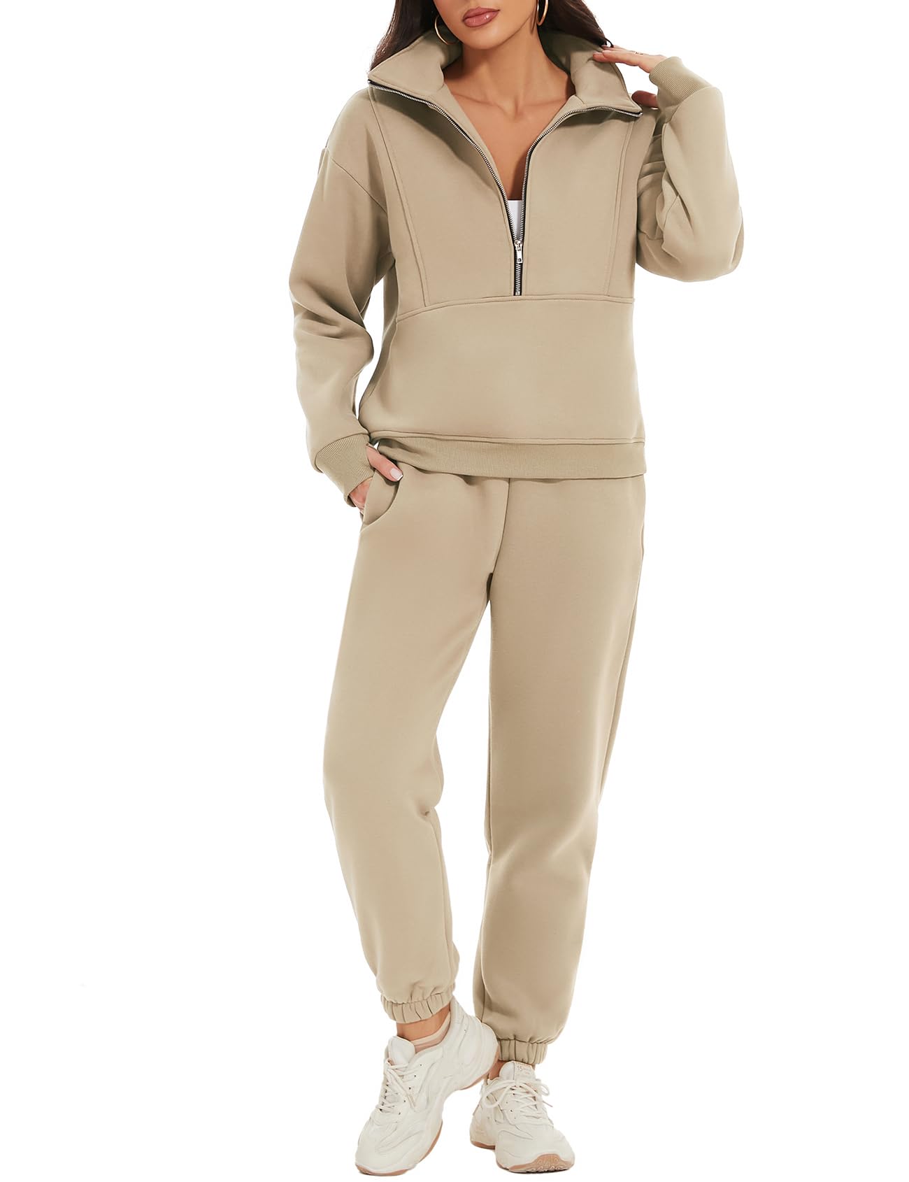 PEHMEA Women's 2 Piece Sweatsuit Outfit, Fleece Long Sleeve Half Zip Pullover Winter Comfy Lounge Sets for Women
