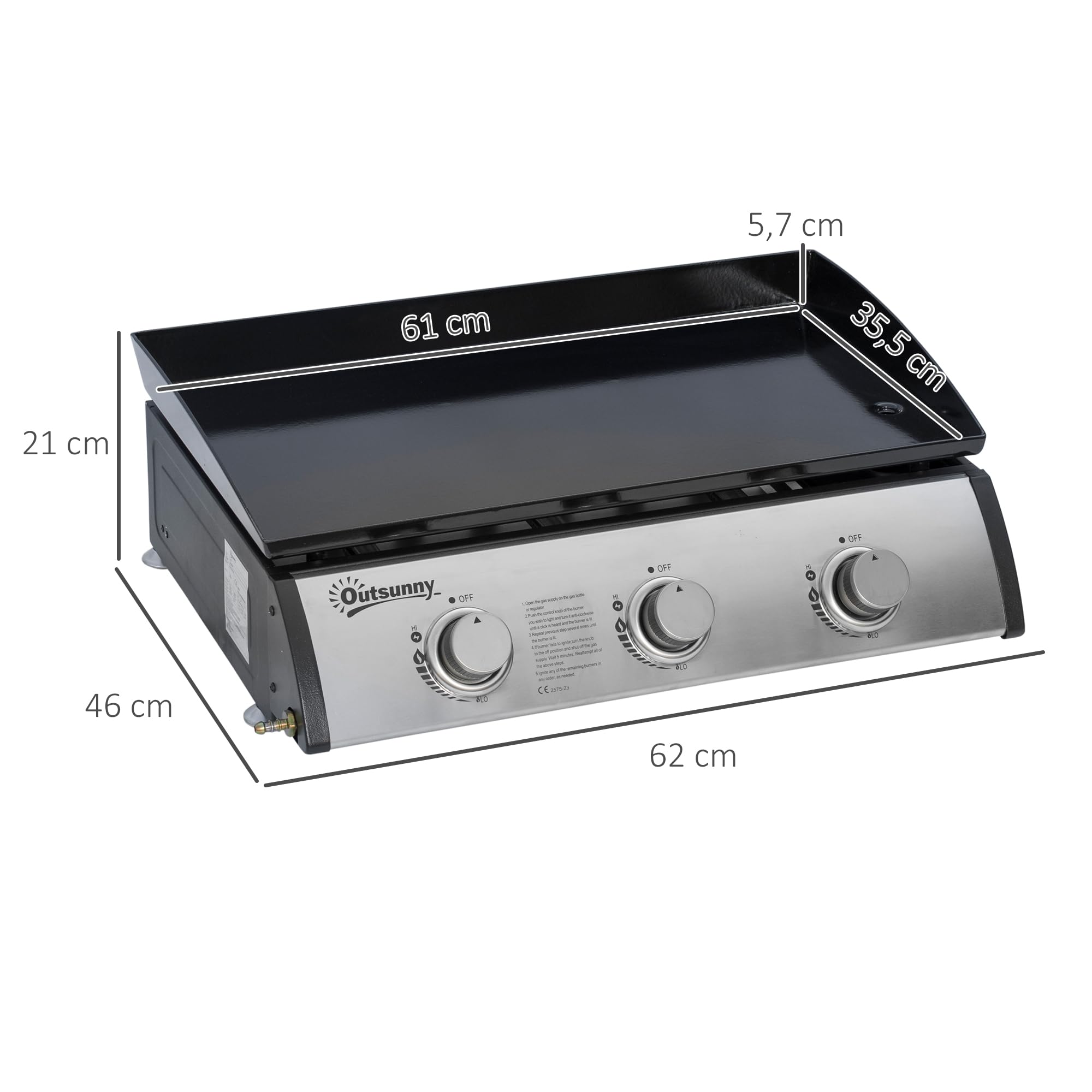 Outsunny Plancha Gaz Acier Inox 3 Brûleurs 9 kW Antiadhésive 61 x 35,5 cm | Grande Surface de Gril