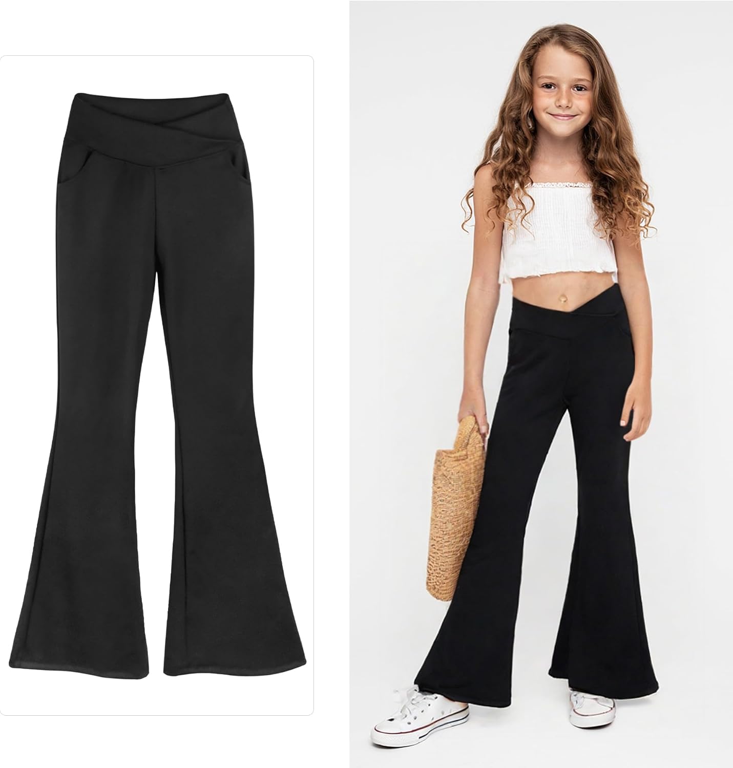 Girls Flare Leggings, Crossover Mid Waist Yoga Pants with Pockets, Kids Black Split Hem Bell Bottom Active Pants - Image 2