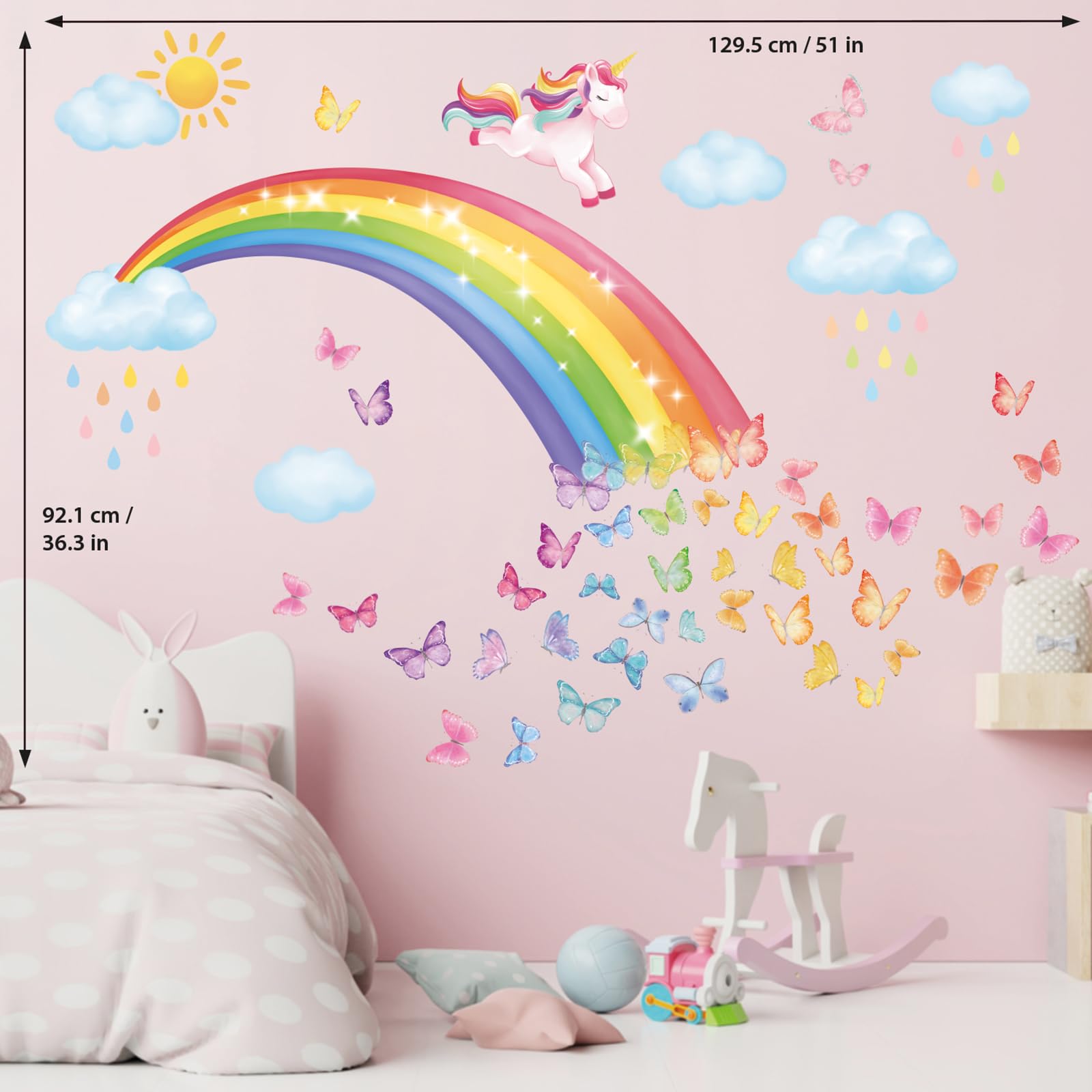 DECOWALL SG2-2309 tęczowy tatuaż ścienny jednorożec, naklejka ścienna, chmury, motyle, dziewczynki, dzieci, naklejka na ścianę do pokoju dziecięcego, pokoju dziecięcego, dekoracja ścienna