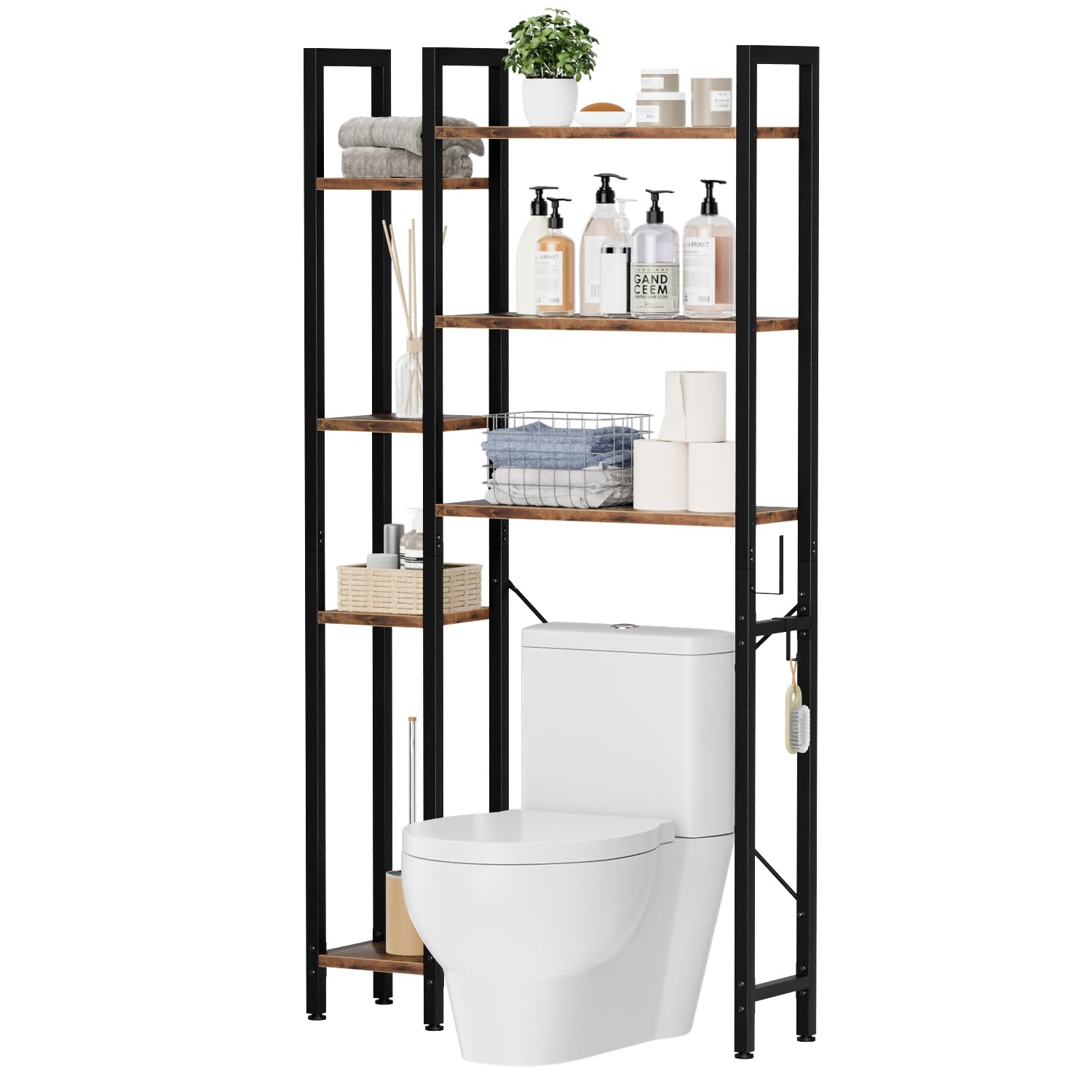 OTK Over The Toilet Storage with 7-Tier Bathroom Organizer Shelf, Freestanding Space Saver with Hooks & Adjustable Feet, Storage Rack for Bathroom, Restroom, Laundry, Vintage