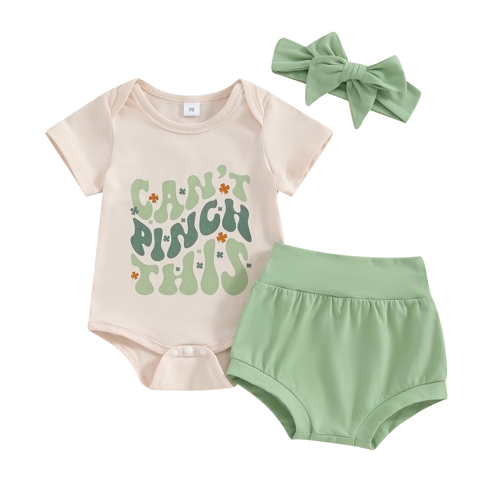 Baby Girl St Patricks Day Outfit Short Sleeve Clover Romper Onesie Shorts Headband Summer Clothes Set (Green, 6-12 Months)