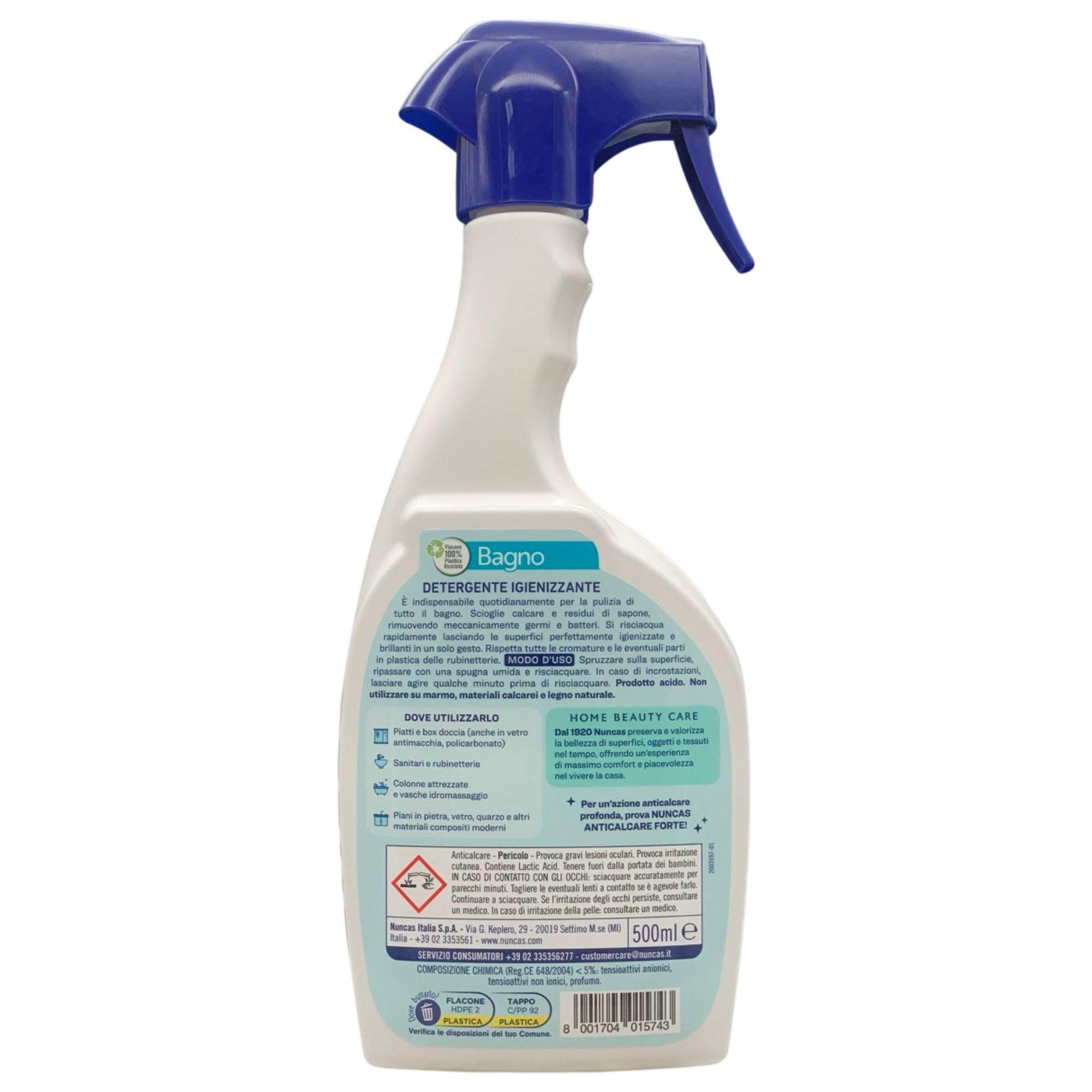 4x Detergente Igienizzante BAGNO, Rimuove Efficacemente Il Calcare. Elimina i Residui Di Sporco, Sapone e Dentifricio, Rispetta Le Cromature 500ml