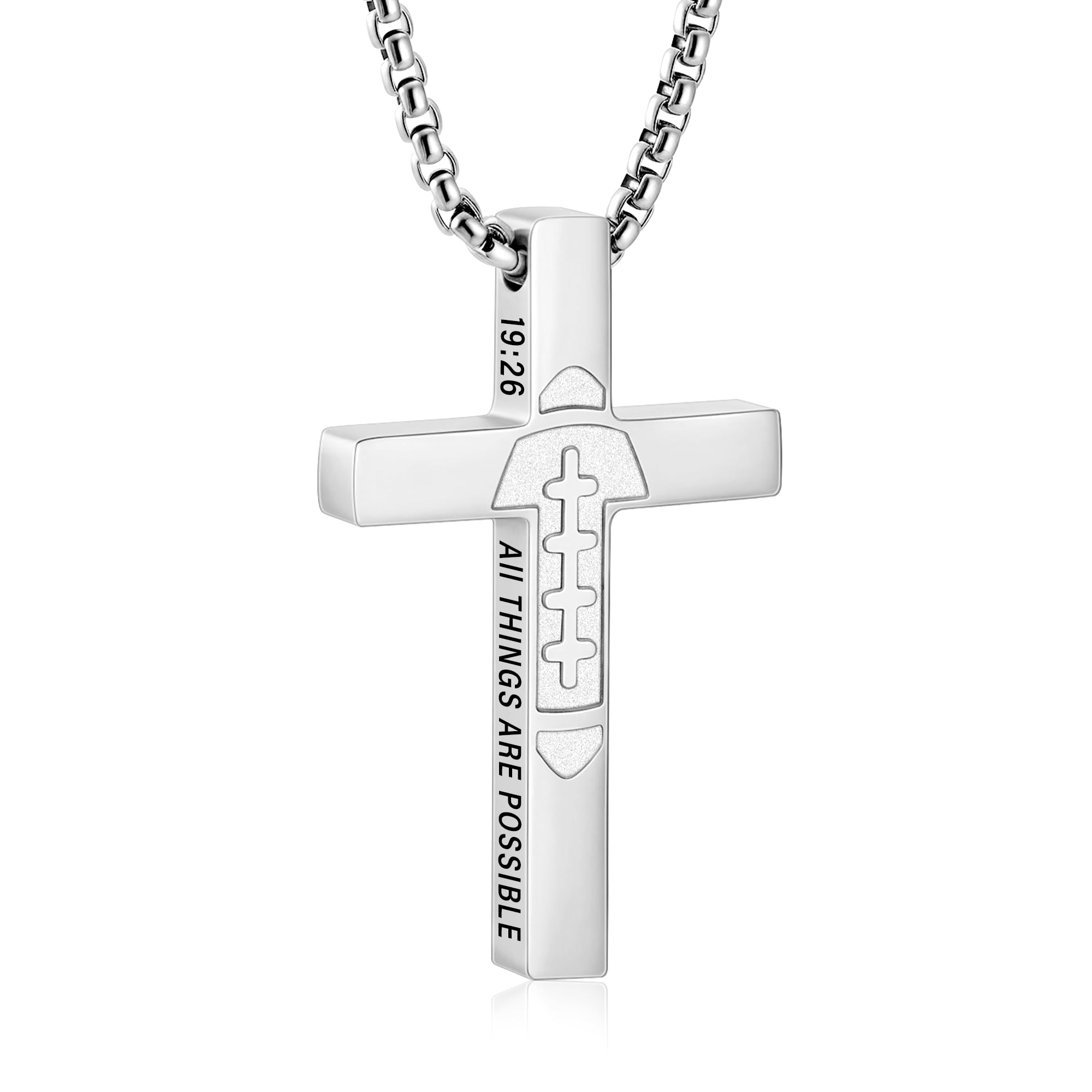 Football Game Day Cross Necklace for Boys Men, Stainless Steel Bible Verse Cross Pendant Chain Sports Gear Stuff Christian Religious Jewelry Gifts