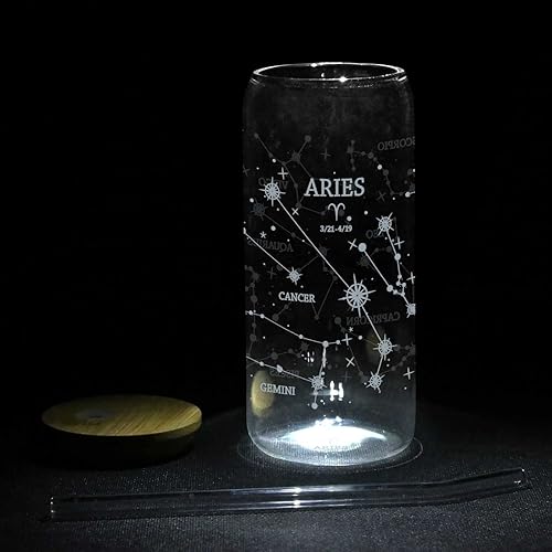 Miniatura 7 de Aries - Tazas de café helado de 20 onzas  Tazas de vidrio con tapas y pajitas  Vaso de vidrio de constelación de astronomía con tapa de bambú y