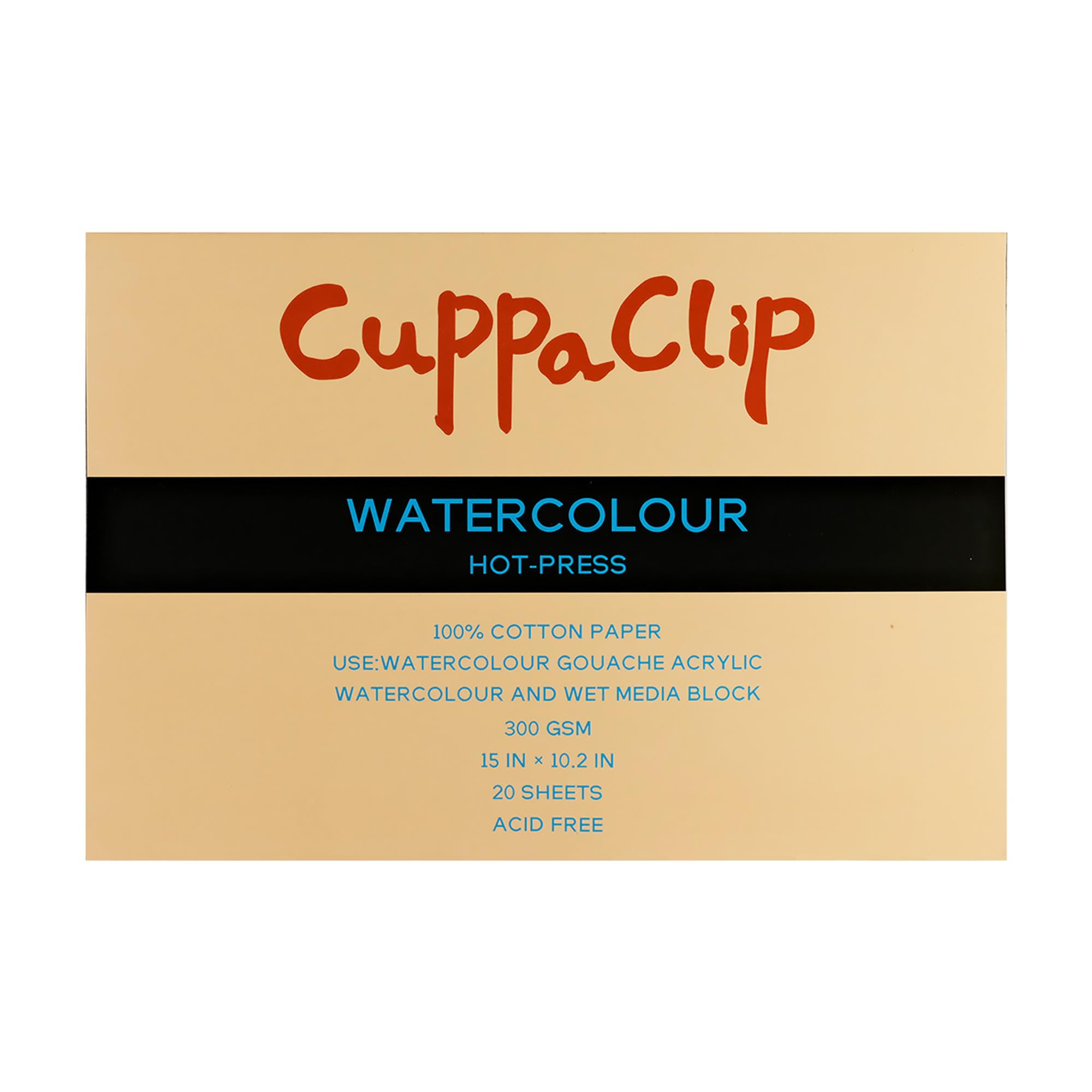 CuppaClip Watercolor Paper Block Pure Cotton Art Paper Pad 300GSM(140LB) Acid-Free 20 Sheets Watercolor Art Supplies (Hot Press, 15×10.2in)
