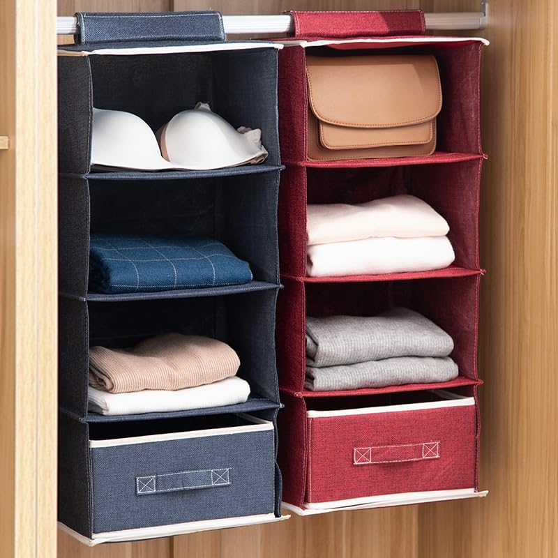 Organizer da appendere per armadio, 71 x 30 x 30 cm, in cotone e lino (rosso vino, con cassetto)