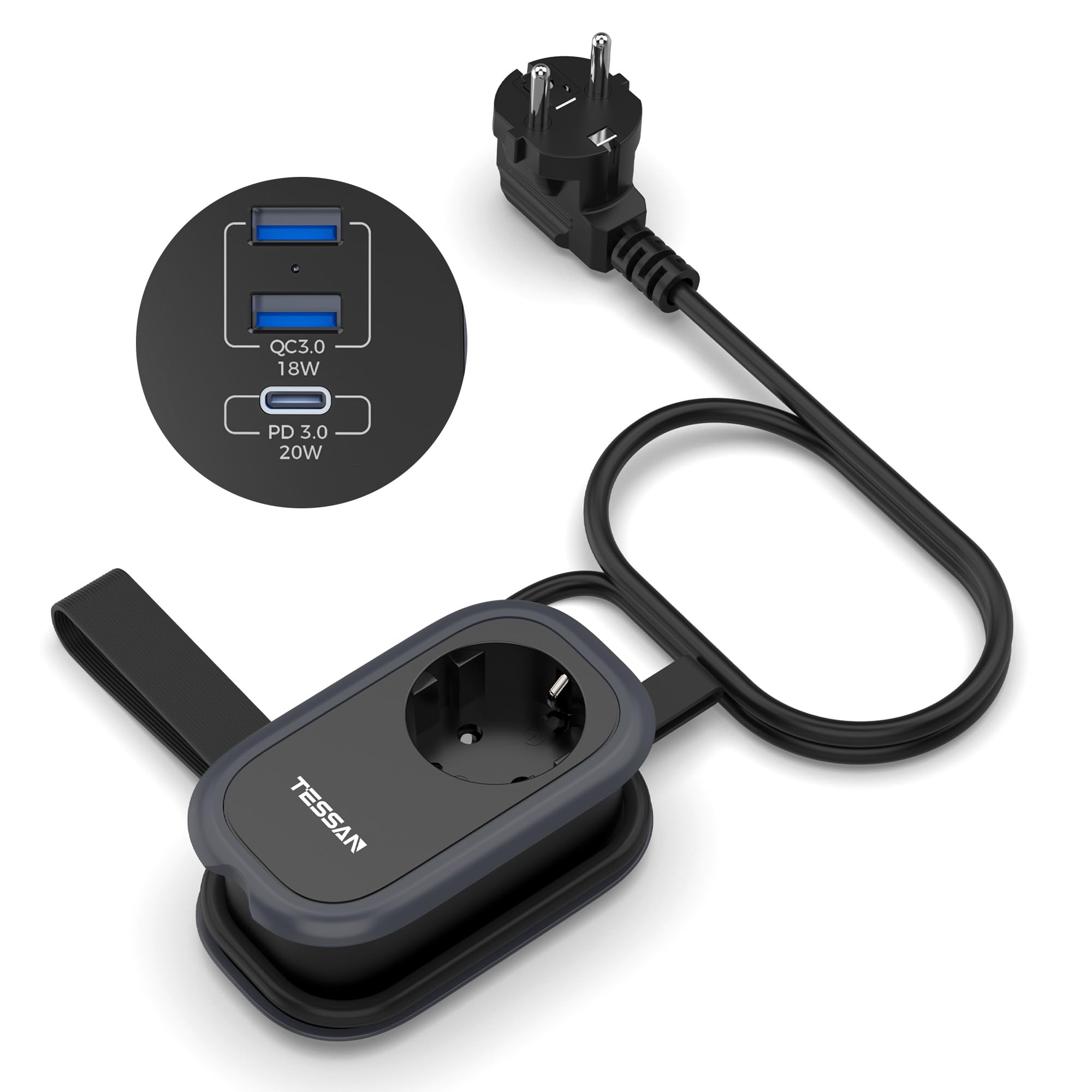TESSAN Reise Steckdosenleiste mit 3 USB, Mehrfachsteckdose mit USB C Schnellladen, 4 in 1 Mehrfachstecker 4000W, Verlängerungskabel 1,4M mit Veranstalter Band, Verteilersteckdose für Reisen und Büro