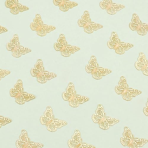 Miniatura 5 de HOBBIESAY 60 dijes de filigrana de mariposa de acero inoxidable, adornos de metal grabados, conectores huecos de oro real de 18 quilates para hacer