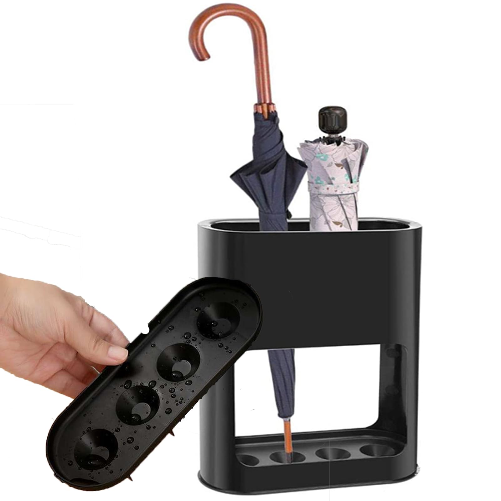 Portaombrelli Plastica, Porta-ombrelli Nero con Vaschetta Raccogli Gocce Rimovibile e Ventose in Silicone Antiribaltamento Portaombrelli Piccolo per Ombrelli Pieghevoli per Interni, Casa e Ufficio