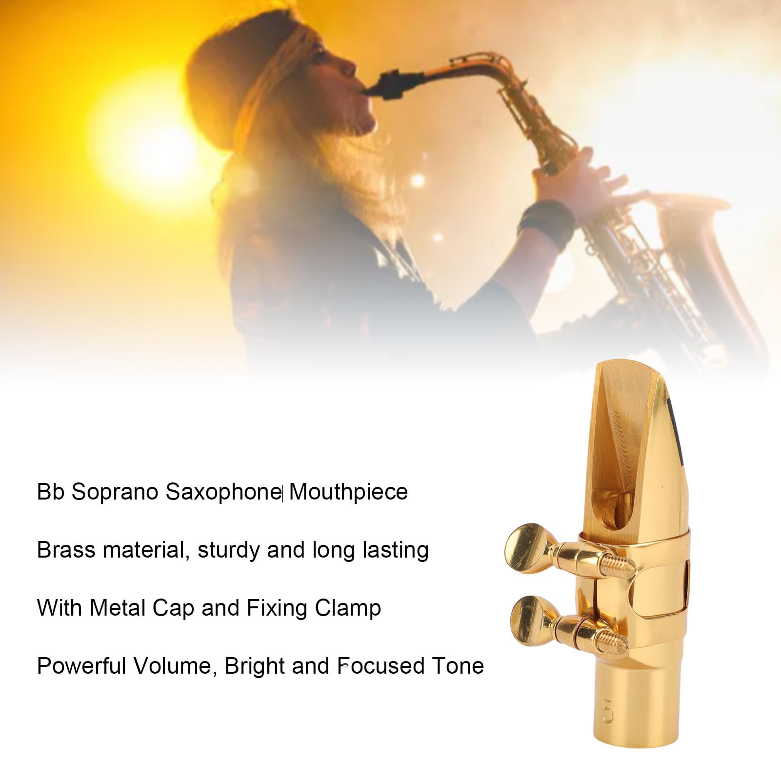 Luqeeg Tapa de la Boquilla de Saxofón Soprano, Boquilla de Saxo Bb de Metal de Latón con Tapa y Abrazadera, Mejora del Sonido y Estabilidad Optimizada para Estudiantes Principiantes