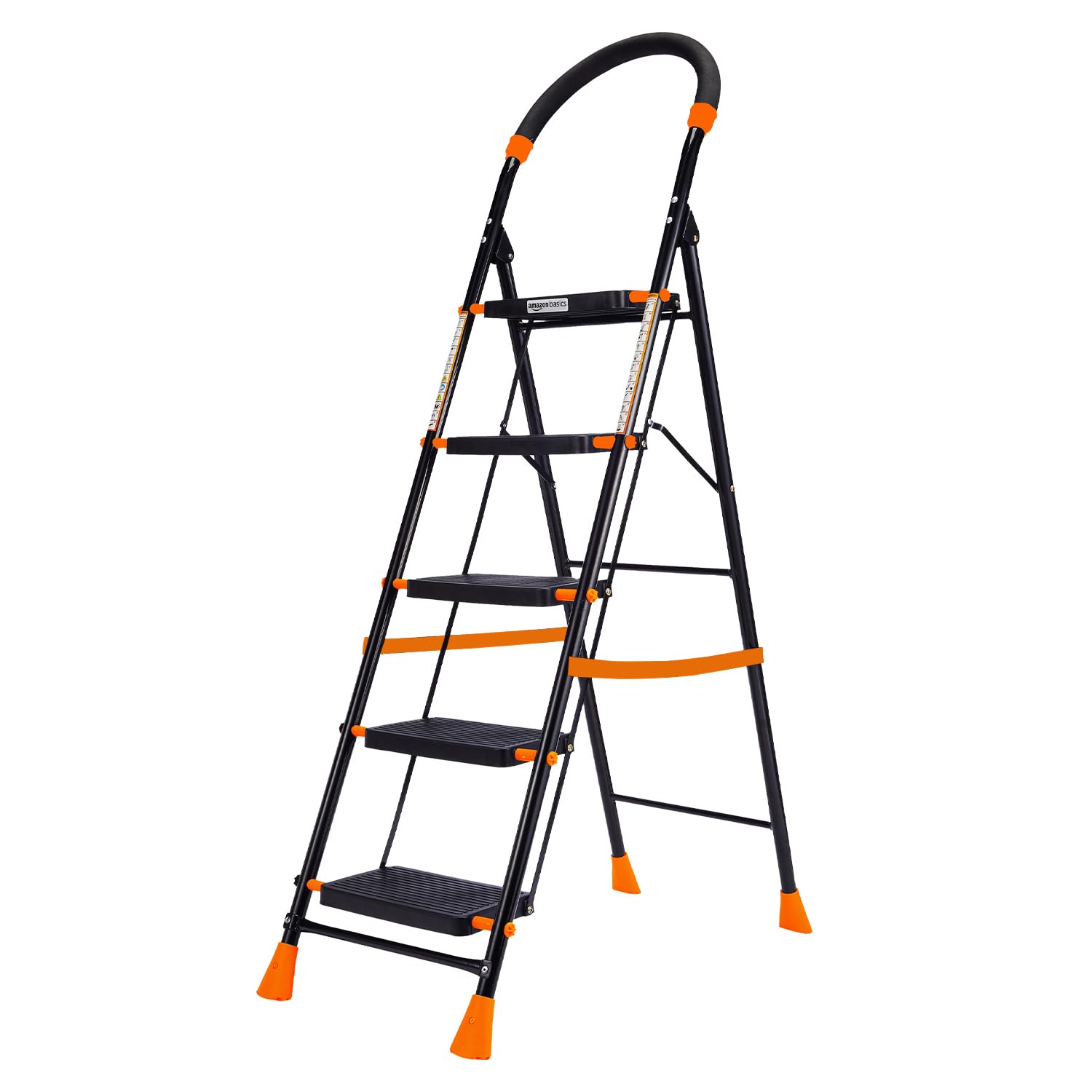 Amazon Basics Curvo-Foldable Step Ladder, Ribbed Steps, Knee Guard, Non-Marring PVC Shoes, 5 Steps (Black & Orange)