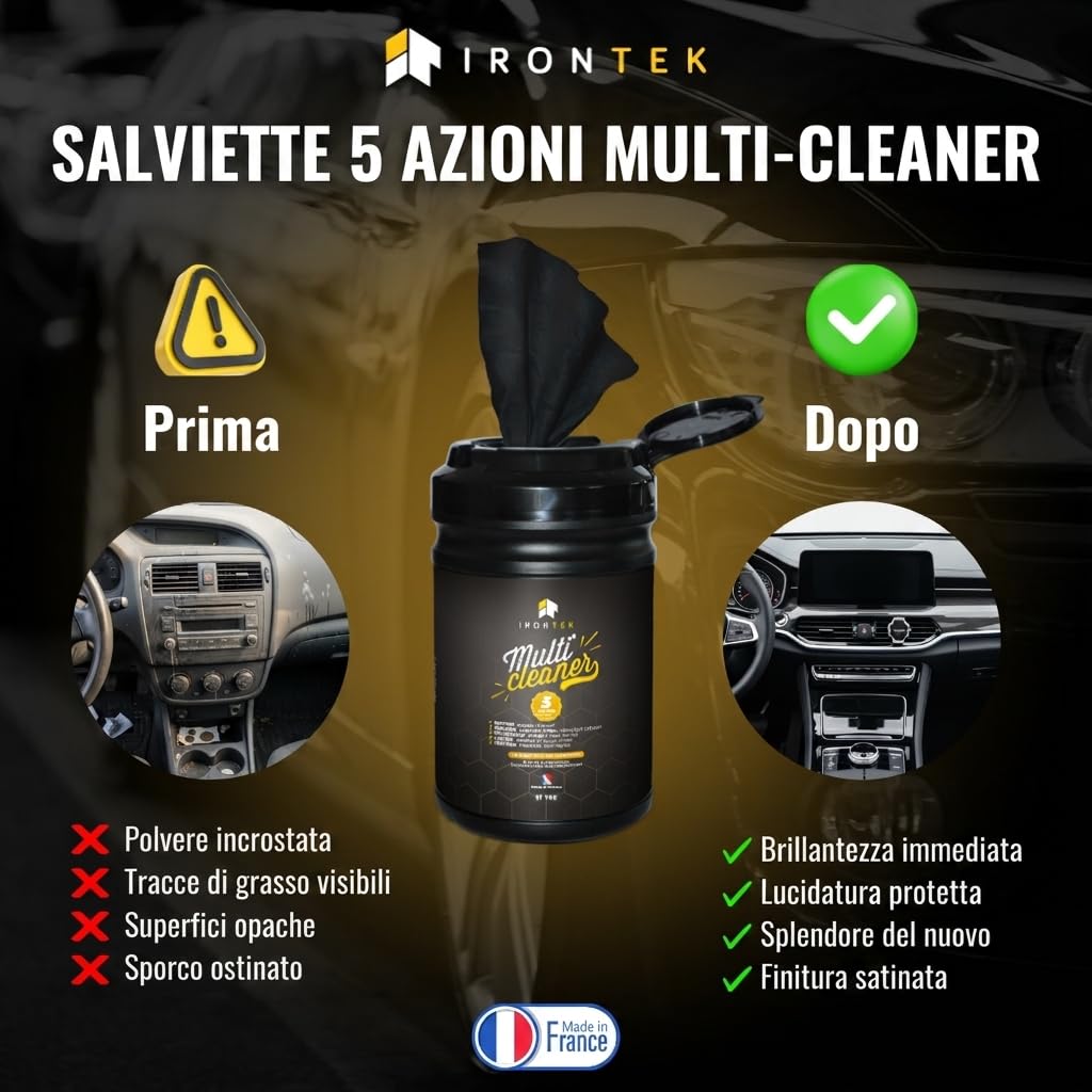 Salviette Detergenti Auto Moto Senza Acqua 80 pz - IRONTEK - IT146 | Formula 5 Azioni | Carrozzeria Cerchi Vetri Plastica Pelle | Interno ed Esterno