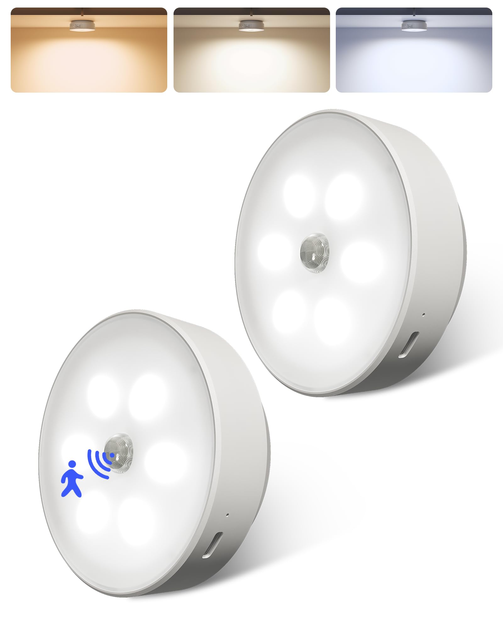 EZVALO Motion Sensor Lights Indoor, Wireless LED Rechargeable Night Light, Battery Operated USB-C Charging,Dimmable Night Light for Cabinets, Stair, Corridors, Closet (2)