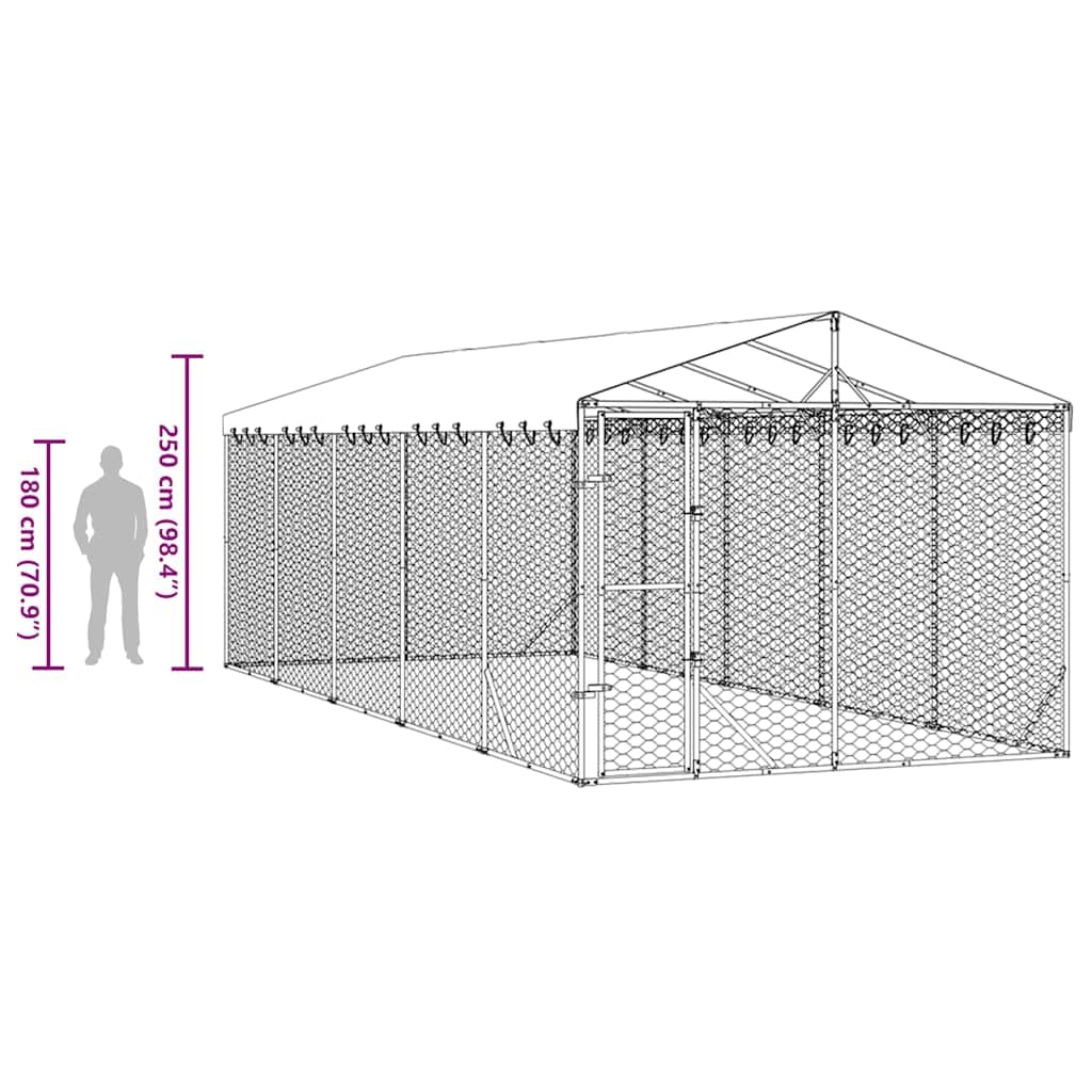 Perrera para perros al aire libre con techo plateado de acero galvanizado 3 x 7,5 x 2,5 m con puerta con cerradura para perros, cachorros y animales pequeños, protección de seguridad en el