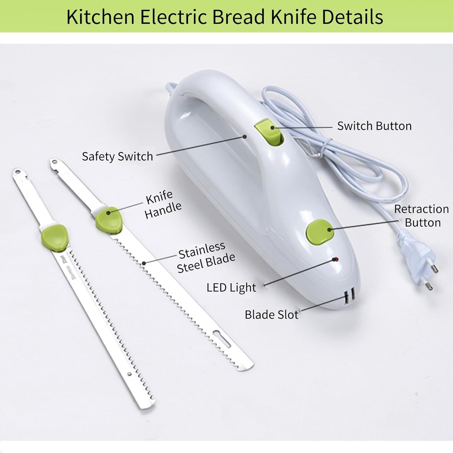 Zerodis - Coltello elettrico dentato per carne, portatile, ideale per pane, carne congelata, prosciutto, pomodori e tacchino, manico ergonomico, leggero e facile da pulire