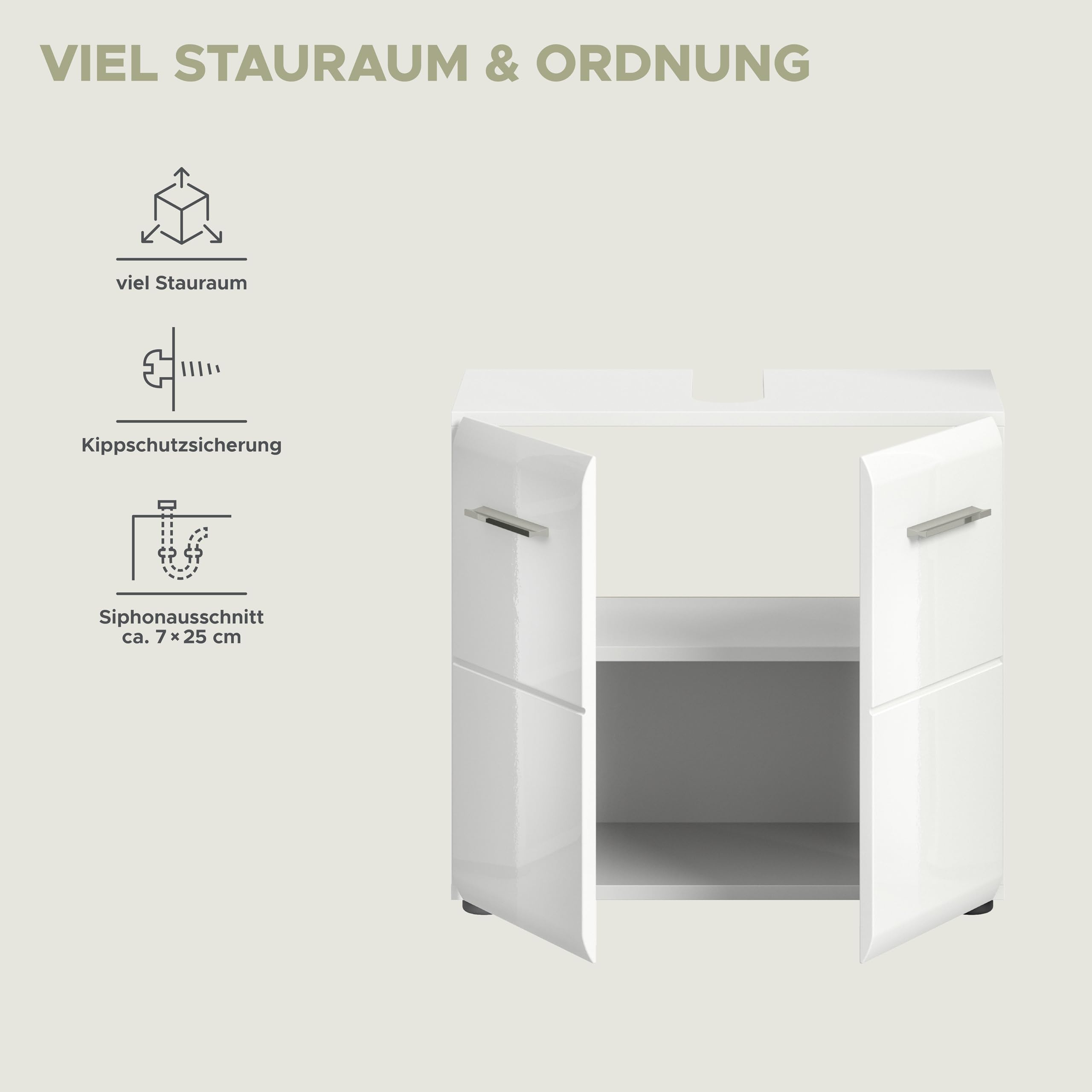 xonox.home - Waschbeckenunterschrank Ice 60x54x32 cm in weiß Hochglanz Tiefziehfront Korpus weiß - Unterschrank Waschtischunterschrank Badezimmerunterschrank