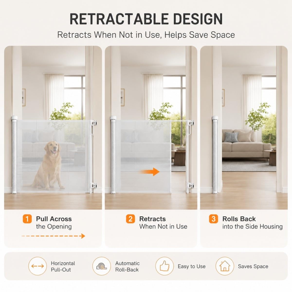 Barrera Retráctil para Perros y Gatos, Puerta de Malla Reforzada