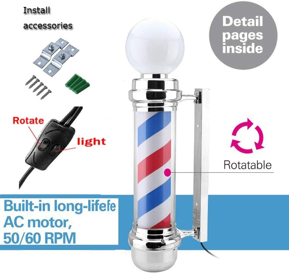Lampada da Parete per Esterni a LED per Barbiere, Classica, con Strisce rotanti Rosse, Bianche e Blu, Impermeabile, montabile in Negozio, 73 cm.