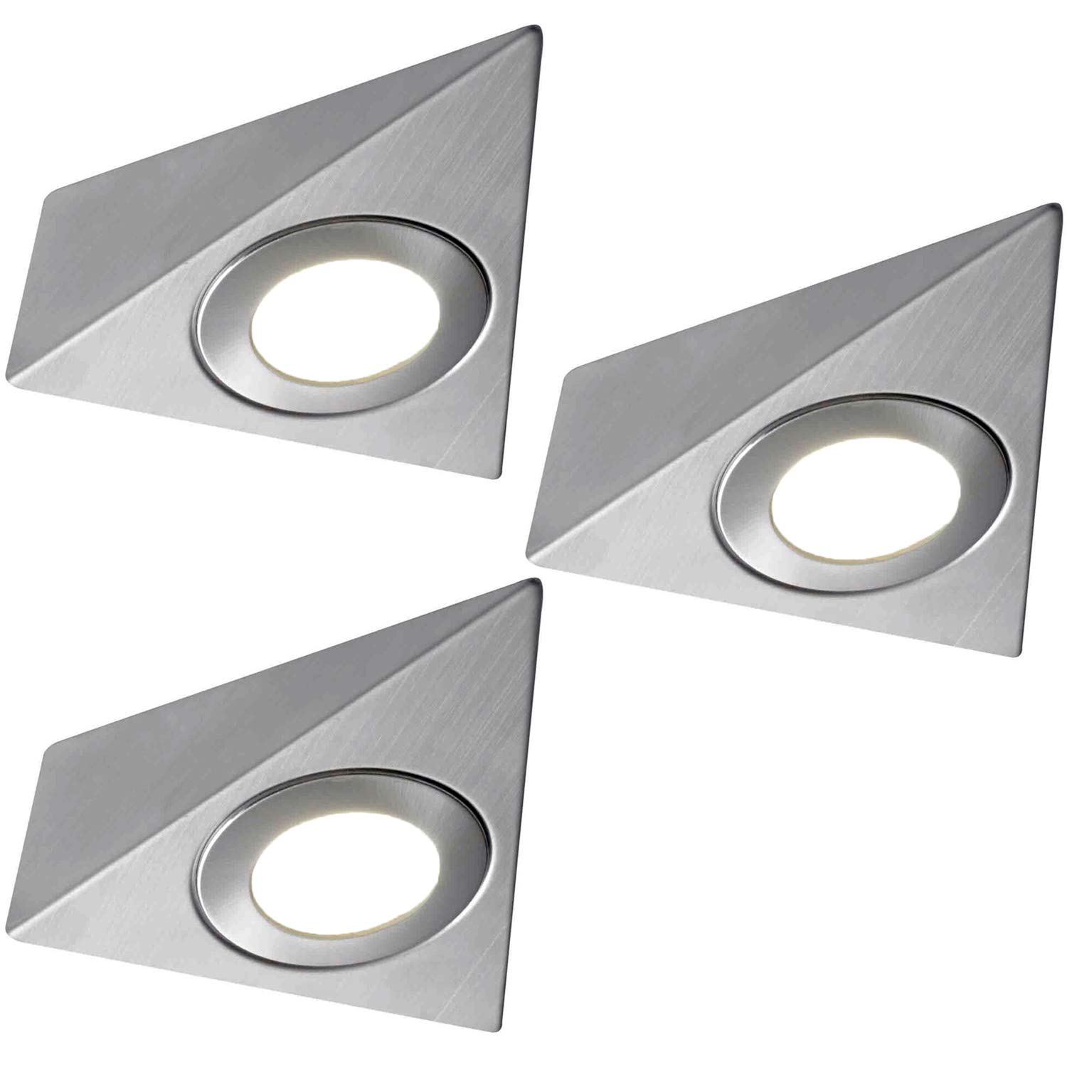 Loops White 3 Pack | *240V Mains* Led Triangle Under Cabinet Kitchen Spotlights | Brushed Nickel & Warm | Surface Mounted Light Fittings | Cupboard Worktop Counter Unit Lighting Kit |