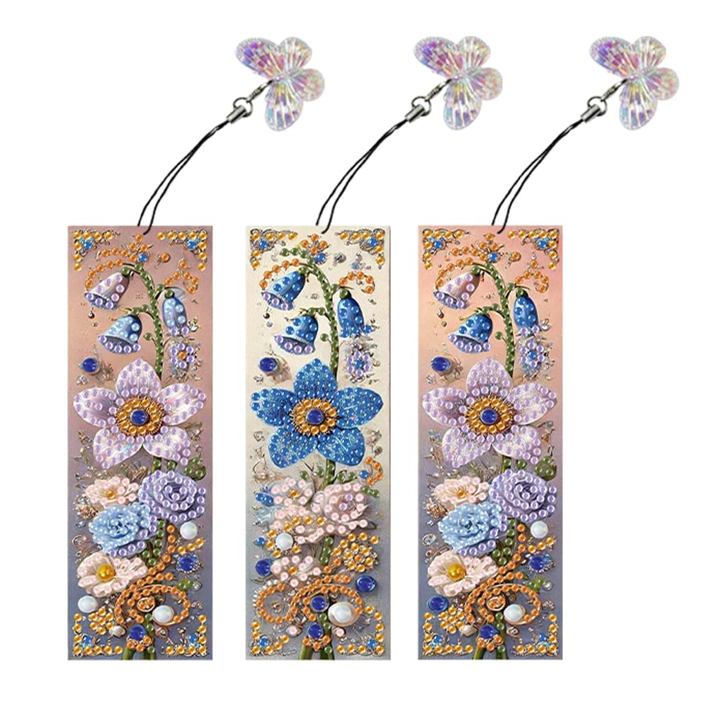Fiorky 3Pcs Diamond Art Painting Bookmarks, 5D DIY Special Shaped Flower Pattern Diamond Painting Bookmark Making Kit Diamond Bookmark with Crystal Pendant for Reading Day Gift