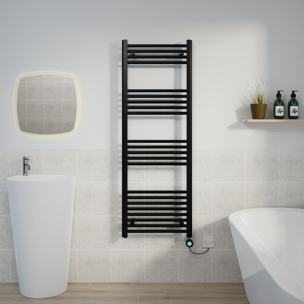 Warmehaus Black Electric Heated Towel Rail Straight Thermostatic Bathroom Towel Radiator With Timer - 1400X500mm 800W