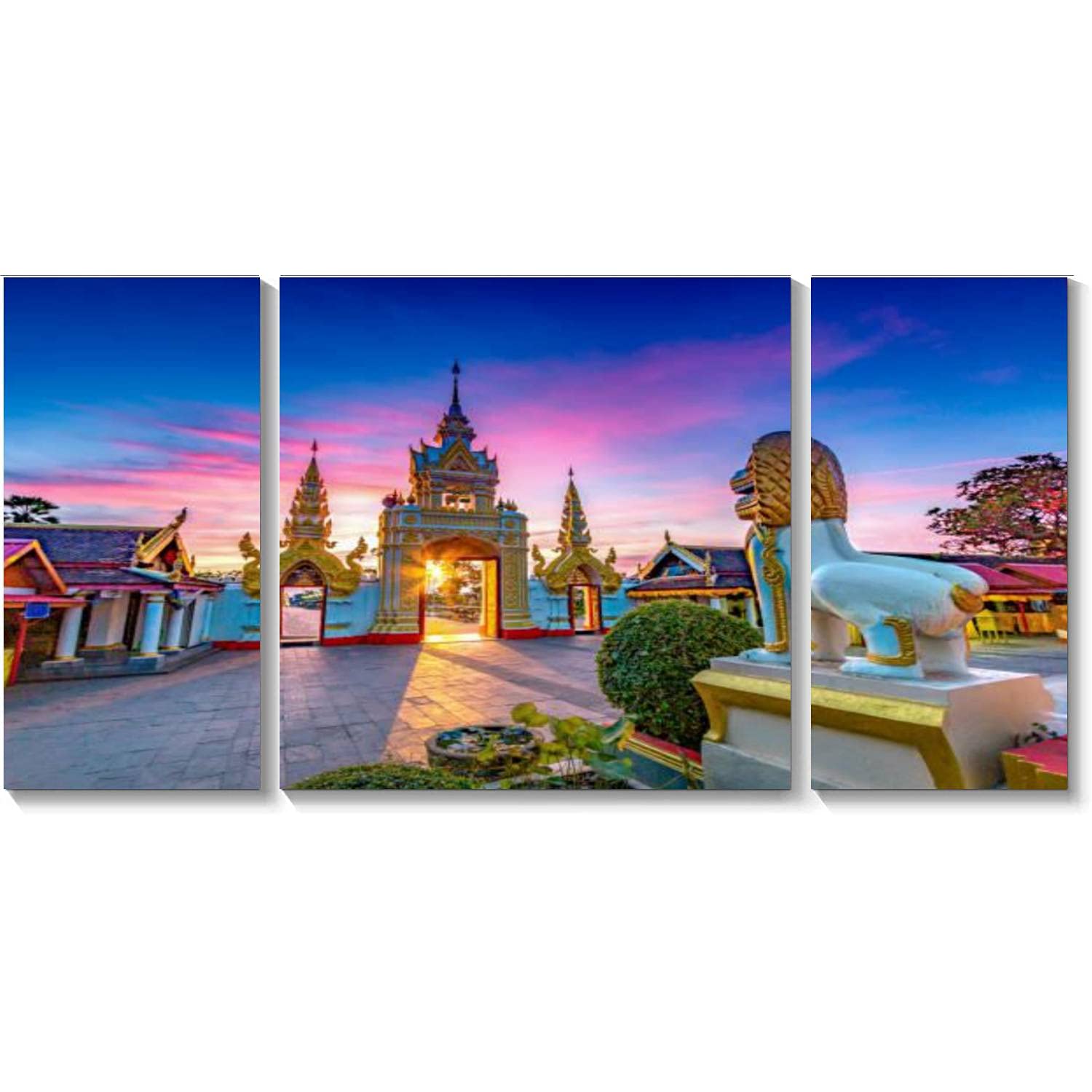 BDMPIZLNSF 3 Panel Canvas Wall Art Sunrise at Wat Phra That Panom Temple in Nakhon Phanom Thailand Framed Print Picture Painting and Posters Living Room Bedroom for Home Decor Artwork Ready to Hang