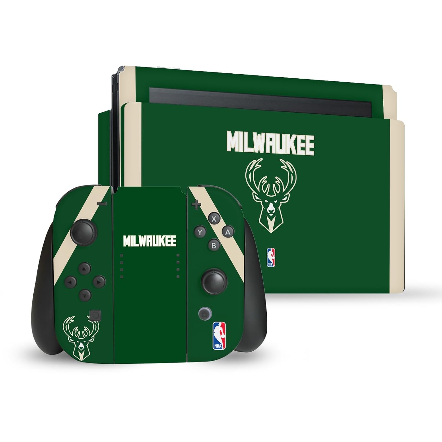 Head Case Designs Officially Licensed NBA Green Design Milwaukee Bucks Logo Vinyl Sticker Gaming Skin Decal Cover Compatible With Nintendo Switch Console & Dock & Joy-Con Controller Bundle