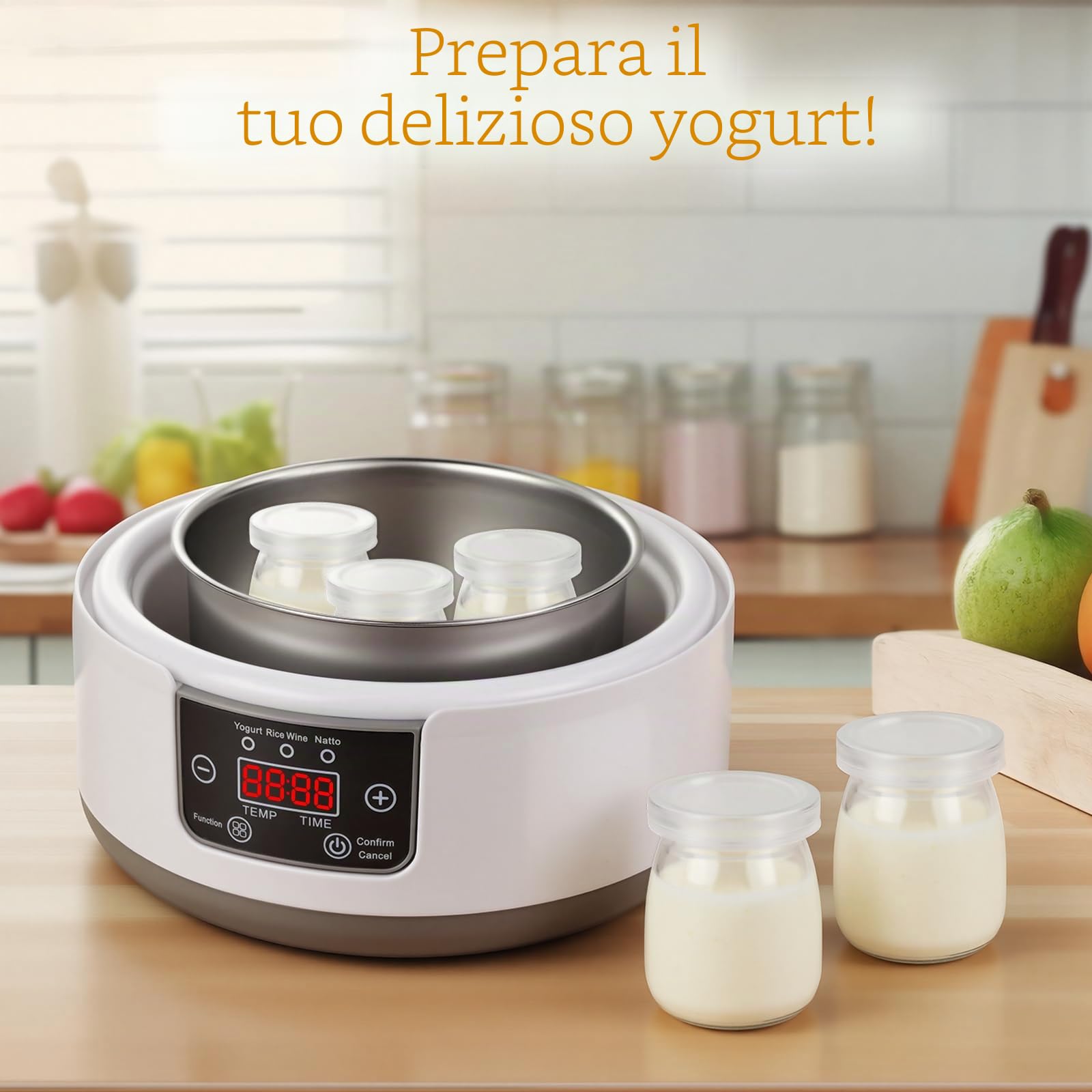 Euakee Yogurtiera, Yogurtiera Elettrica, 5 Vasetti in Vetro 100 ml, per Fino a 1,2L di Yogurt Fatto in Casa, Termostato Regolabile e Display Digitale, per Preparazione Domestica di Yogurt e Natto