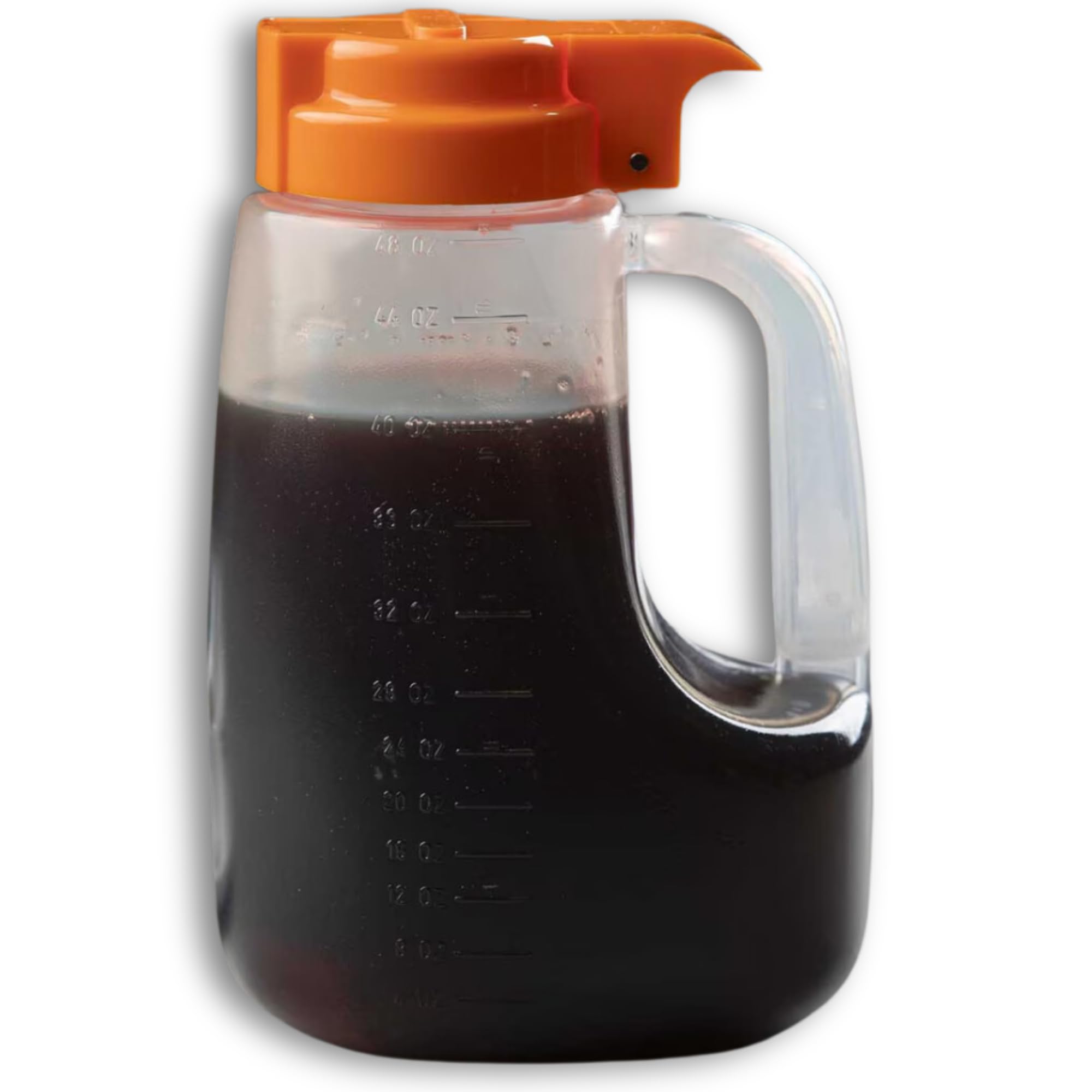 TableCraft PP32X Option Dispenser, 32 oz., 4-1/2" x 3-3/4" x 7-1/4", Graduated Markings, Dishwasher Safe, clarified Polypropylene, Plastic lid, Orange, BPA Free, Made in USA