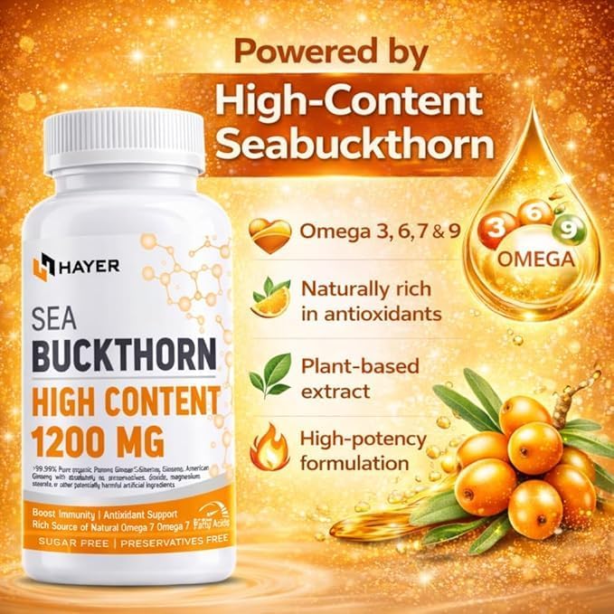 Image of Hayer Sea Buckthorn Seabuckthorn, Help boost Omega 3,6,7,9 Levels 99% High Strength Sea Buckthorn Supplement 120 Tablets