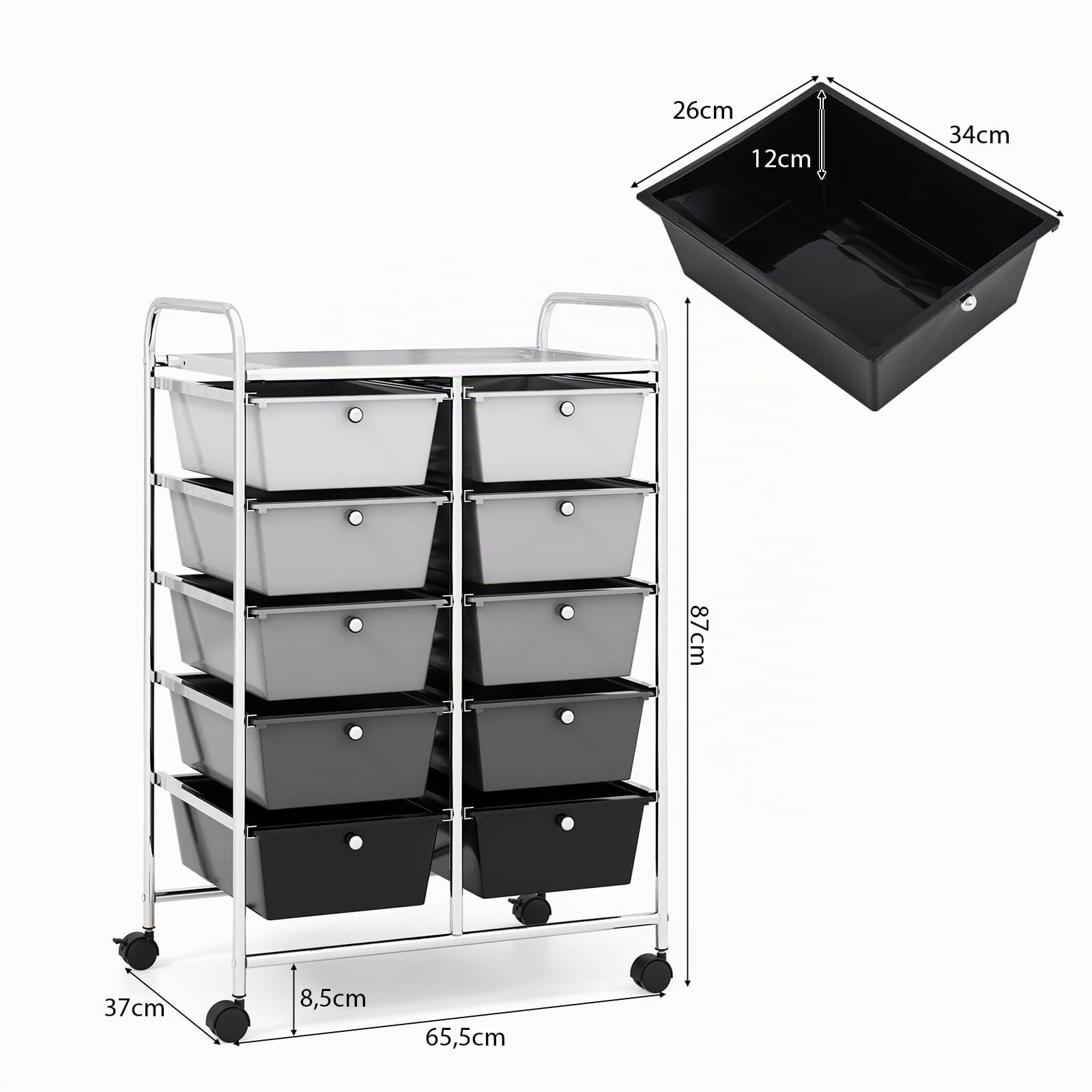 GOPLUS Rollwagen mit 10 Schubladen stapelbar, Rollcontainer mit Ablage & Metallgestell, Badregal, Aufbewahrungswagen, für Büro, Zuhause (Silber, Grau, Schwarz)
