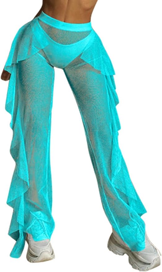Women's Sexy Sheer Mesh Ruffle Pants Swimsuit Cover ups Beach Bikini