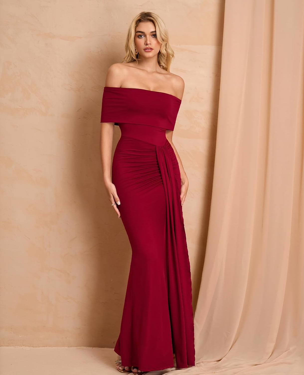 VKIHOC Off The Shoulder Formal Maxi Dress Fall Wedding Guest Ruched Bodycon Cocktail Party Dresses for Women 2025 - Image 4