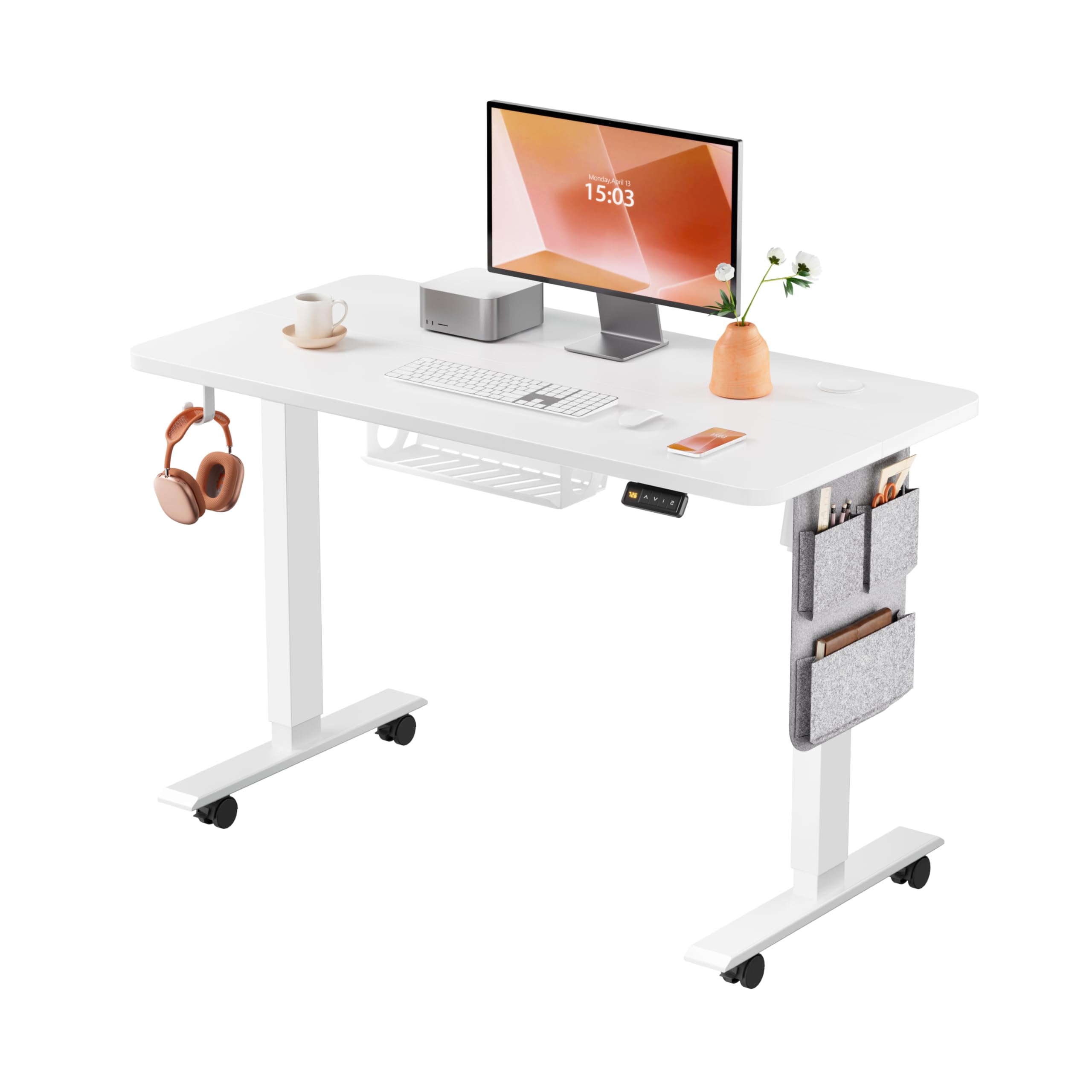 MAIDeSITe Elektrischer höhenverstellbarer Schreibtisch, 100 × 60 cm Sitz-Steh-Schreibtisch mit Kabelwanne, Haken und Aufbewahrungstaschen, Stehpult mit Speichersteuerung für Homeoffice