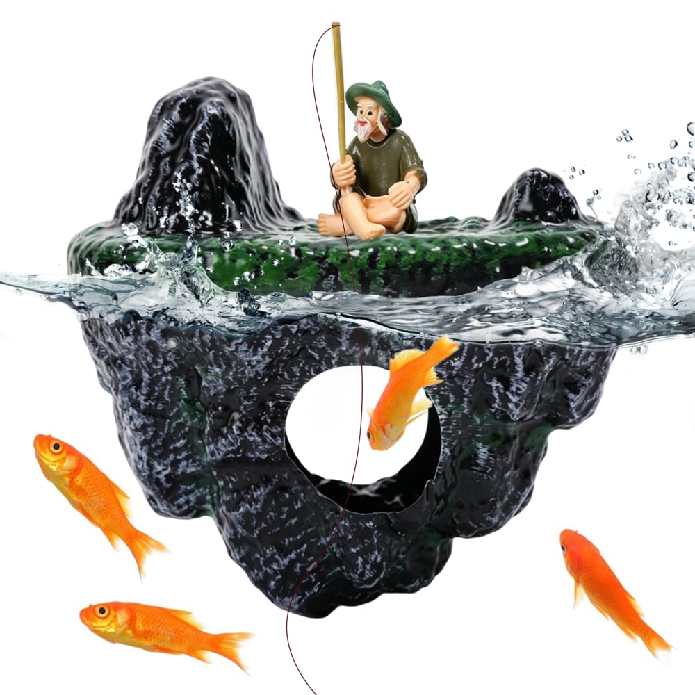 DONGKER Aquarium Floating Realistic Rock Ornament, PVC Fishing Decoration with Hideaway Shelter & Vivid Animal Figures for Fish Tank Landscape