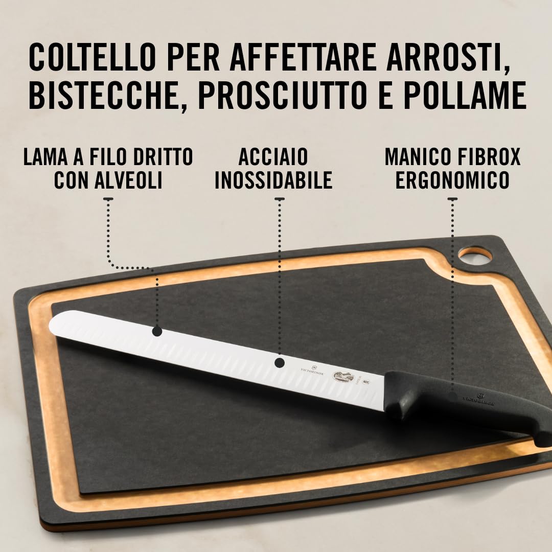 Victorinox Fibrox, Coltello Prosciutto con Lama Alveolata, Coltello da Cucina Affilato per Carne e Prosciutto, 30 cm, Lama Dritta, Acciaio Inossidabile, Nero