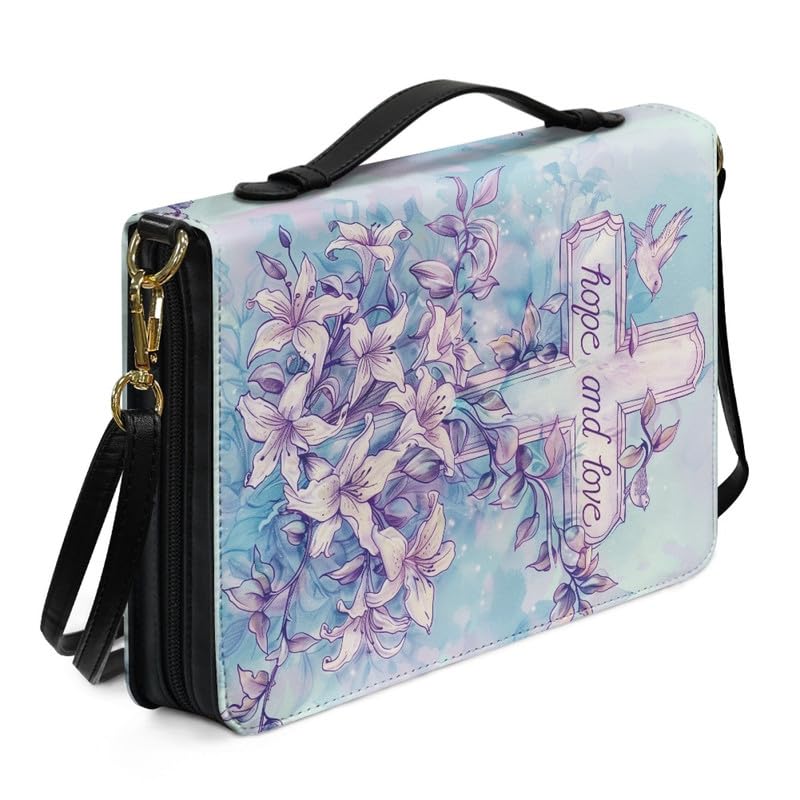 Kuiaobaty Christian Cross Floral PU Leather Bible Cover with Shoulder Strap, Lily Flower Book Organizer Bag Prayer Bible Protector for Women Mother — image 1