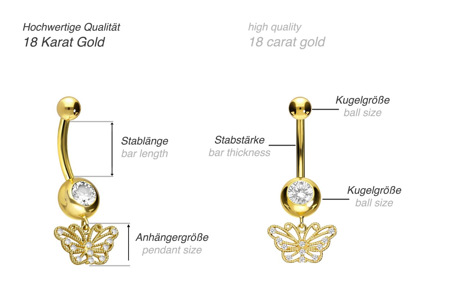 PIERCINGLINE 18 Karat Gold Bauchnabelpiercing mit Schmetterling und Kristallen Bananabell Piercing Gelbgold